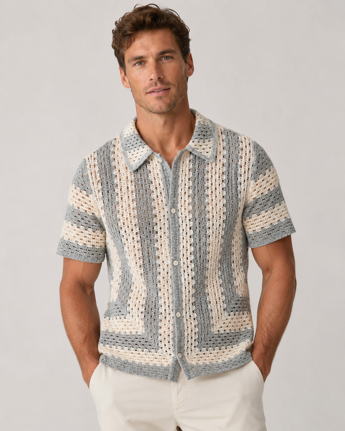 Chemise homme ajourée gris clair et écru