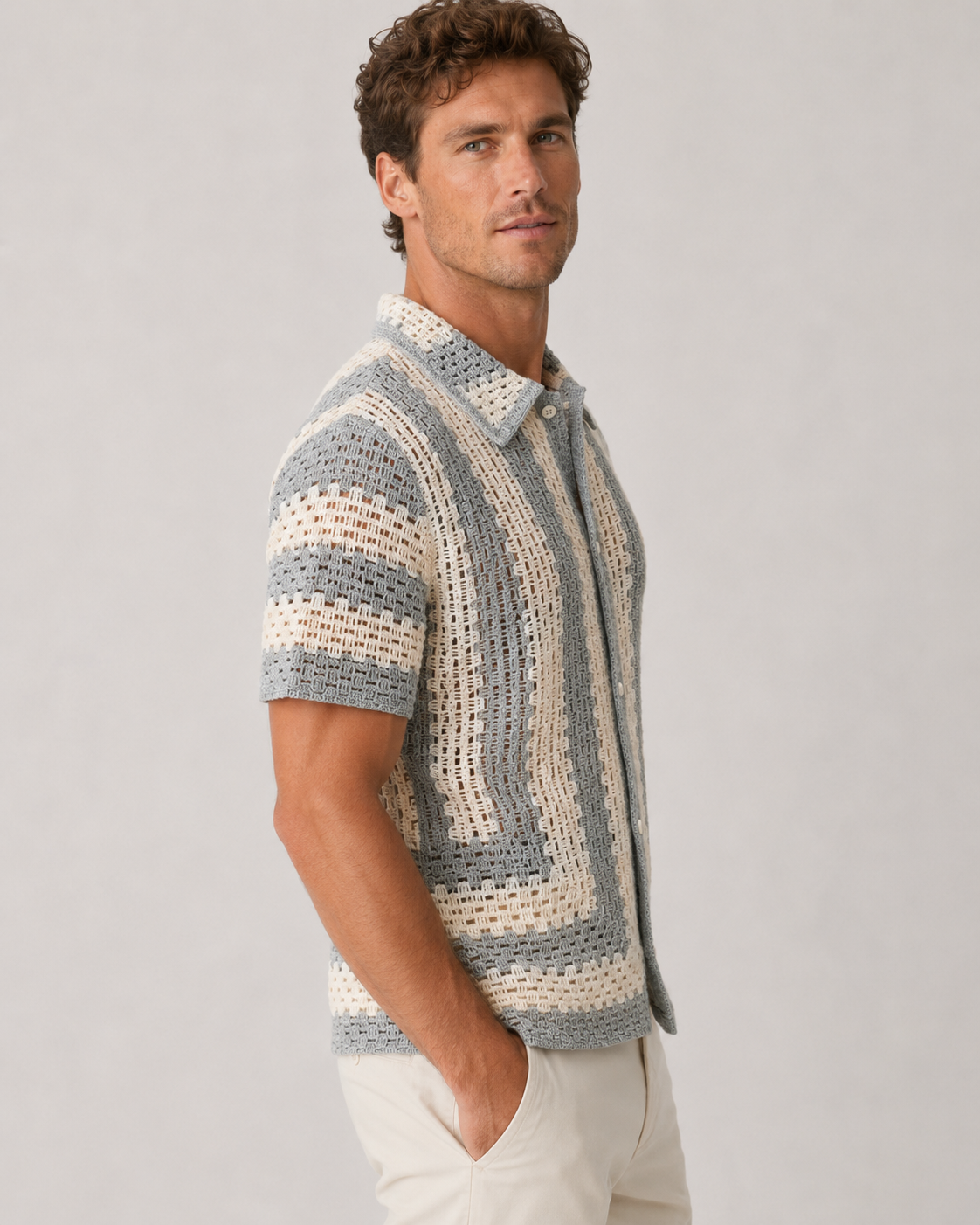 Chemise homme ajourée gris clair et écru