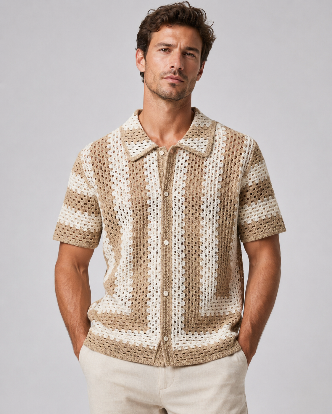 Chemise homme ajourée camel et écru