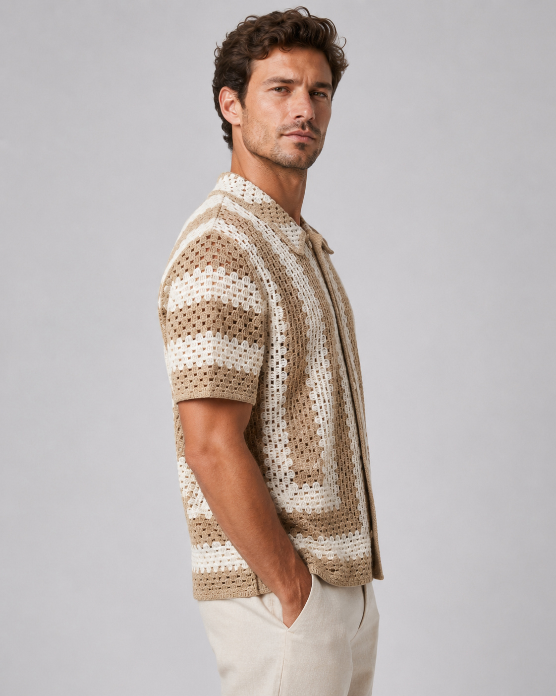 Chemise homme ajourée camel et écru