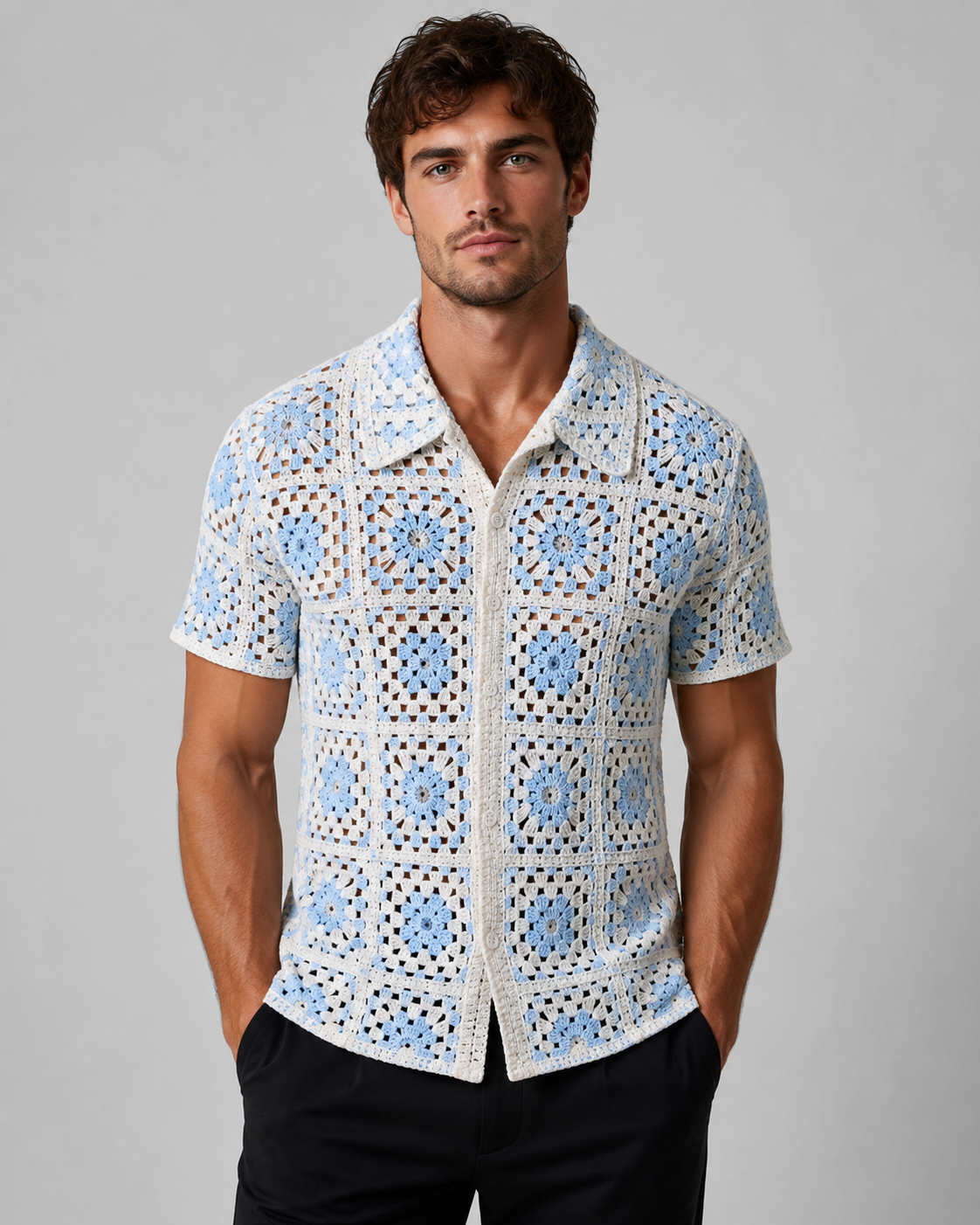 Chemise homme ajourée bleu clair