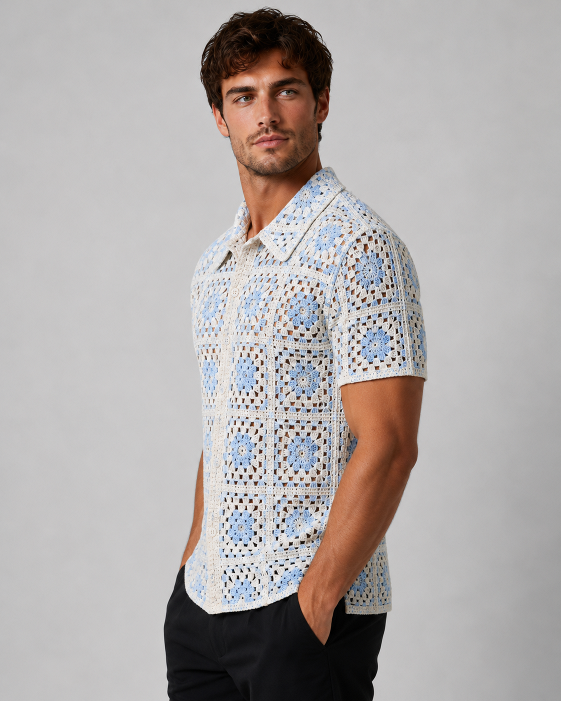 Chemise homme ajourée bleu clair
