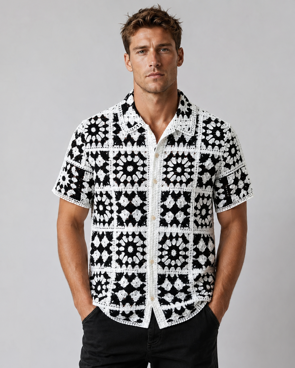Chemise homme ajourée noir et blanc