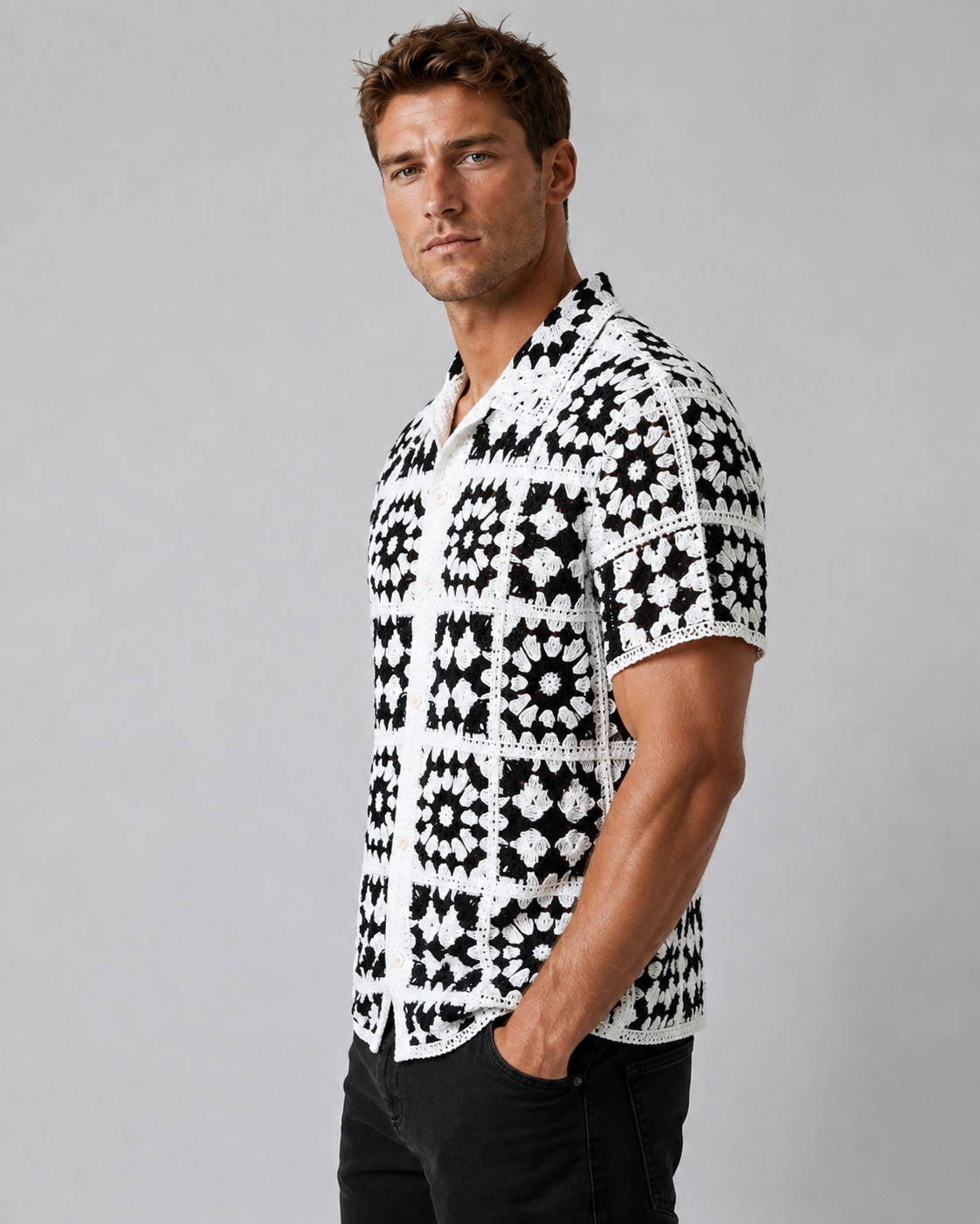 Chemise homme ajourée noir et blanc
