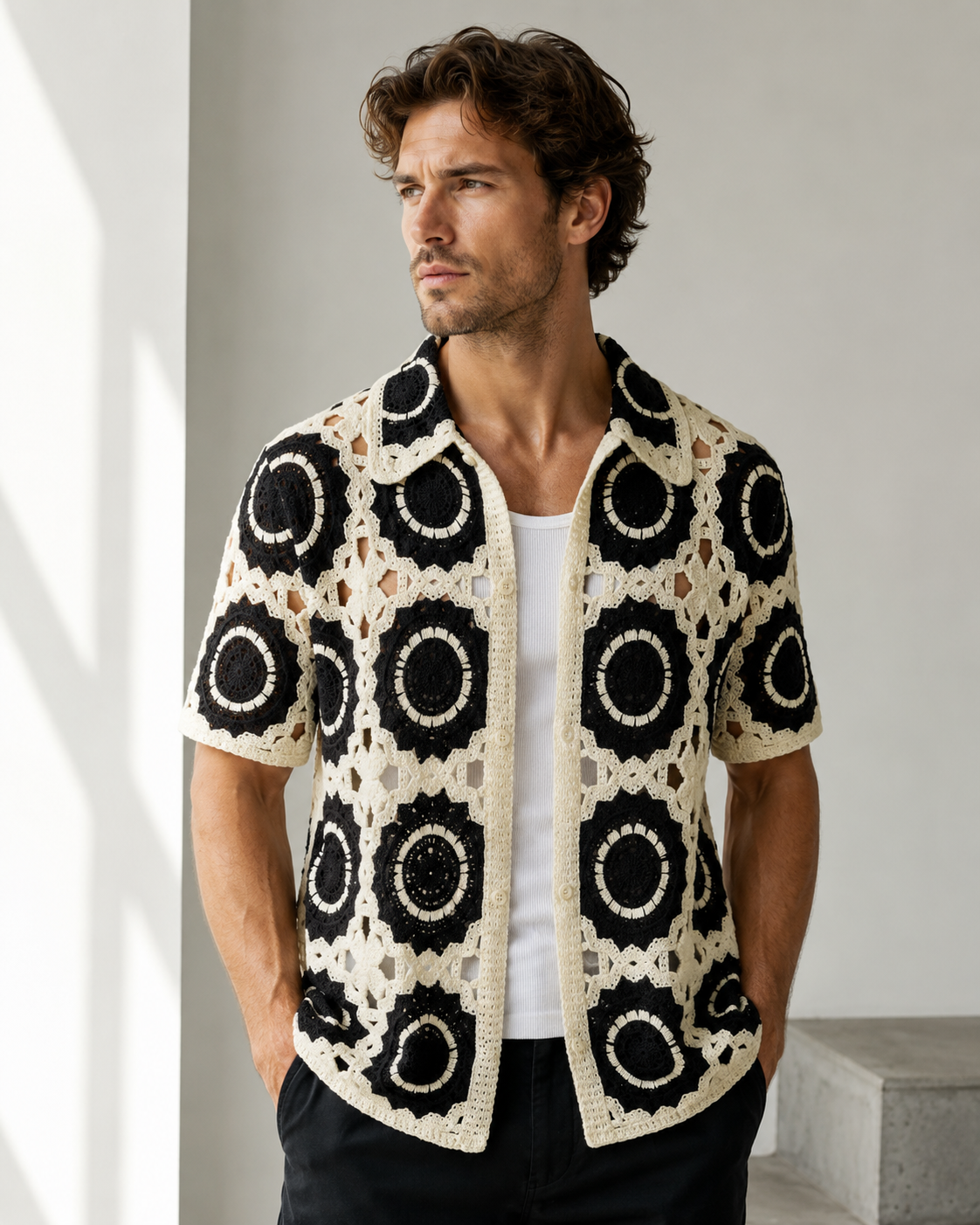 Chemise homme ajourée beige