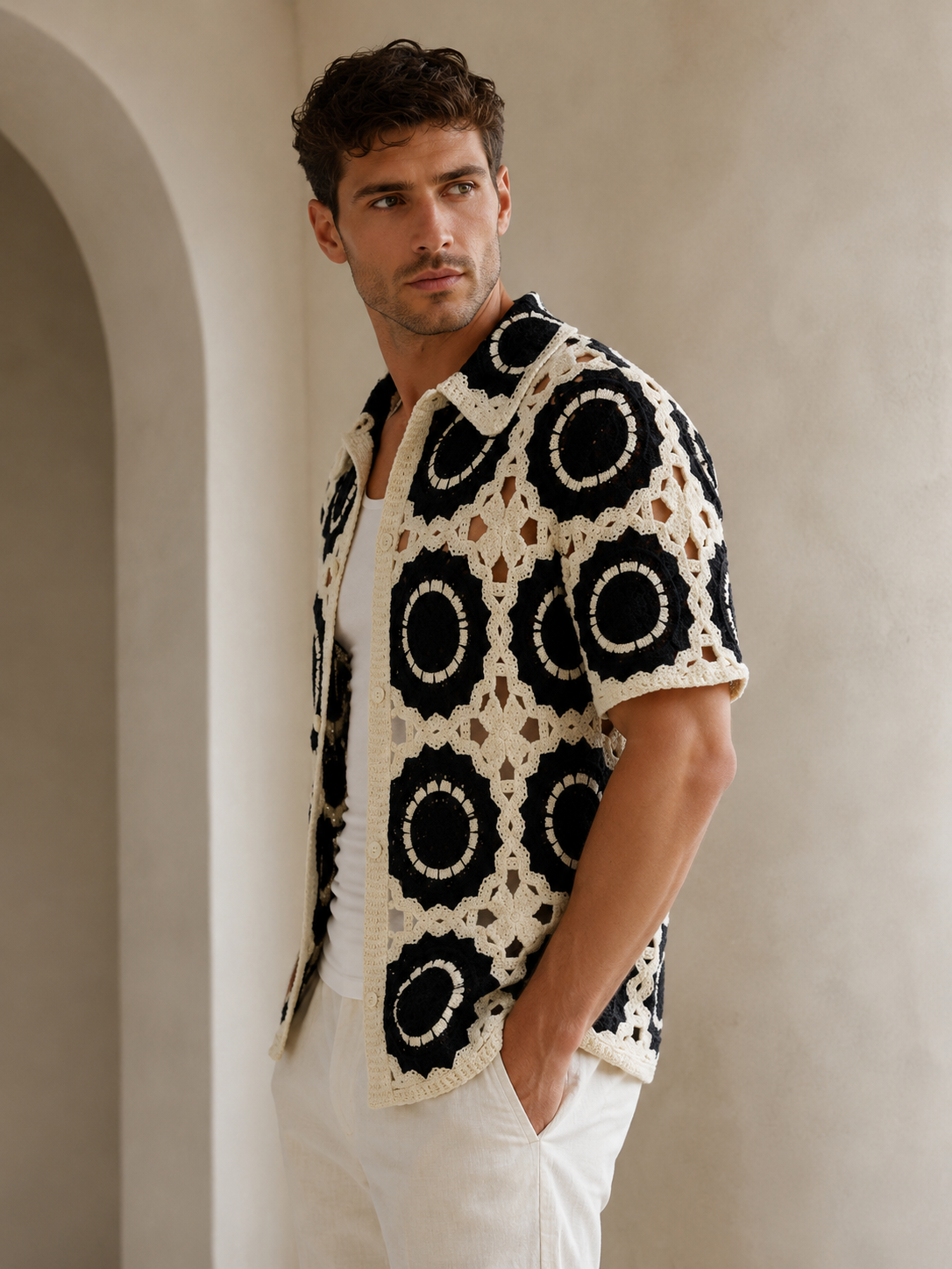 Chemise homme ajourée beige