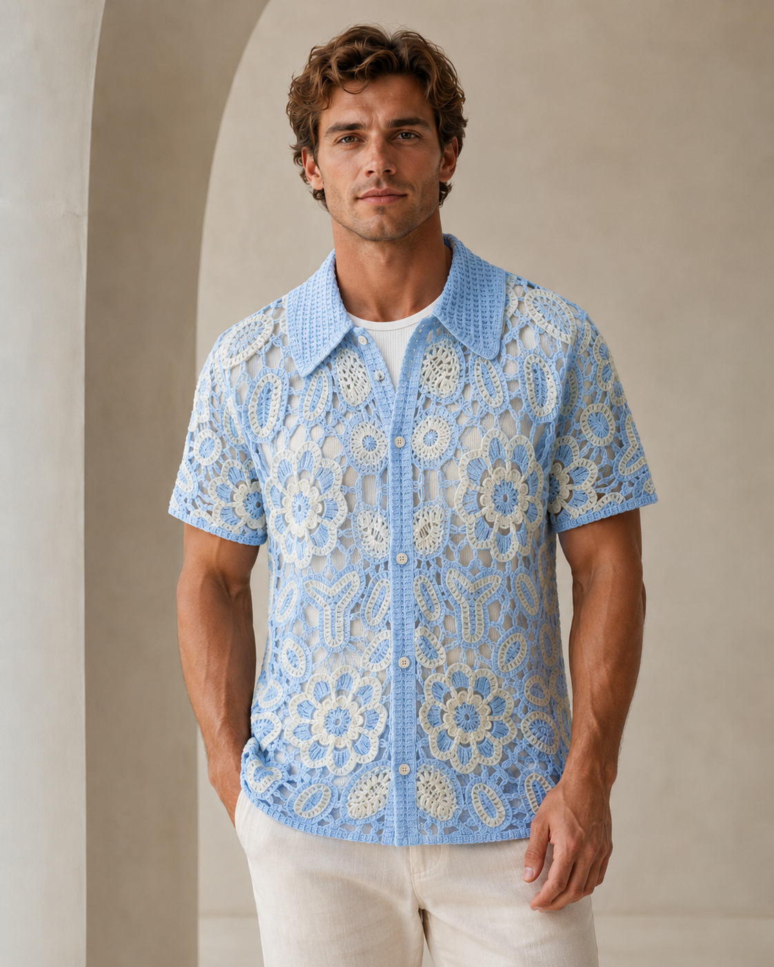 Chemise homme ajourée bleu clair