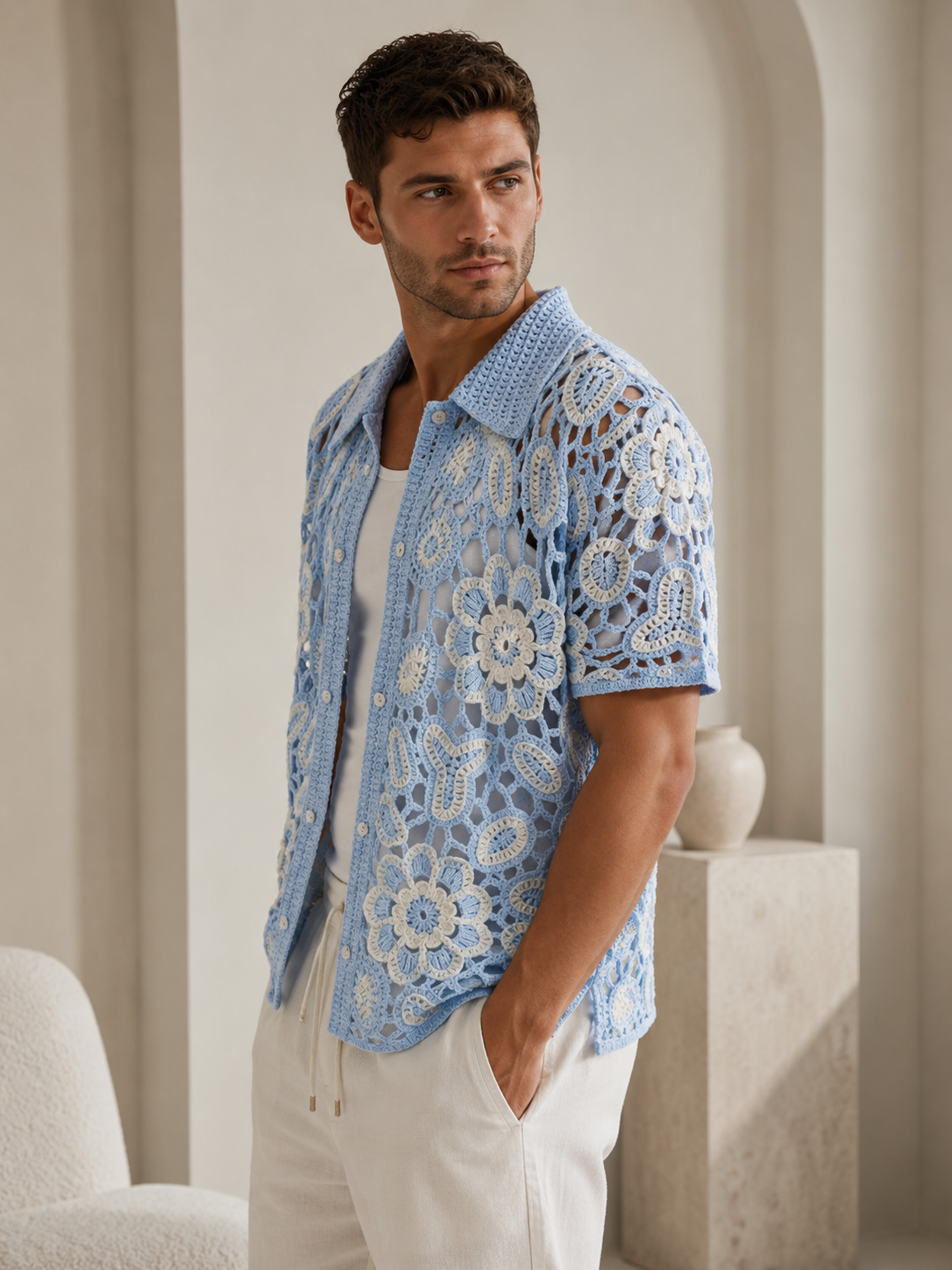 Chemise homme ajourée bleu clair