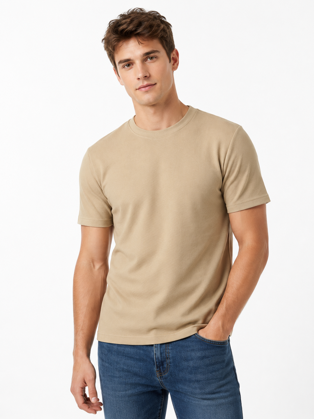 T-shirt homme beige à col rond texturé
