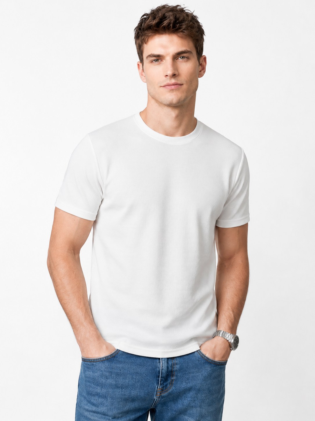 T-shirt homme blanc à col rond texturé