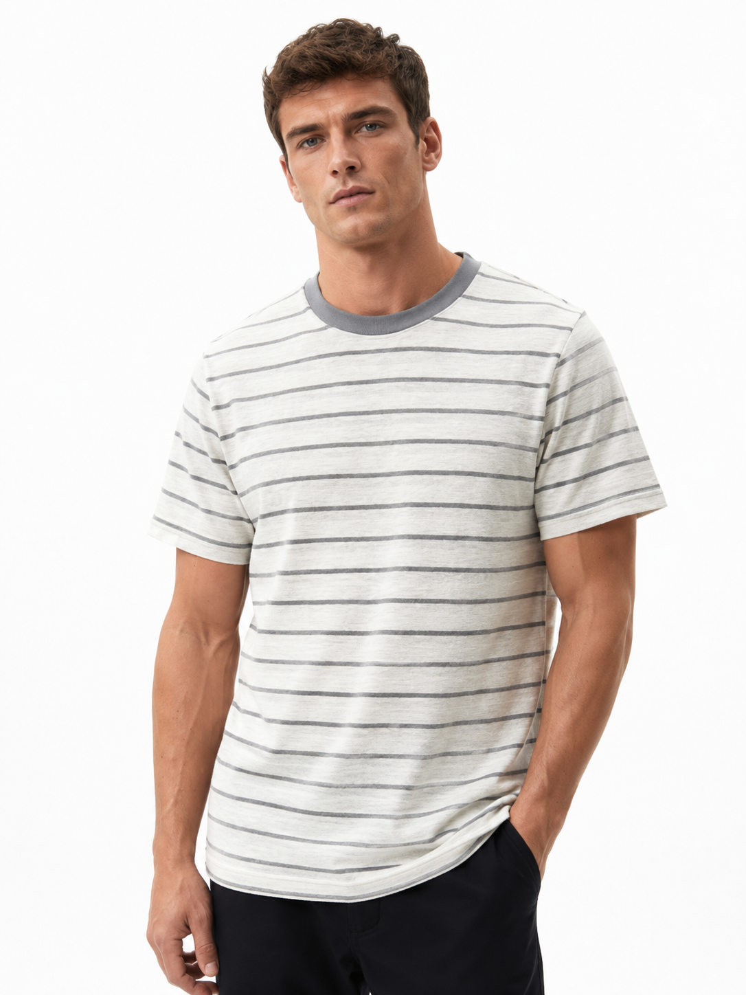 T-shirt homme rayé gris à col contrasté