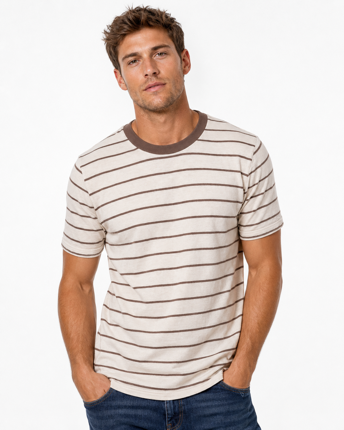 T-shirt homme rayé marron à col contrasté