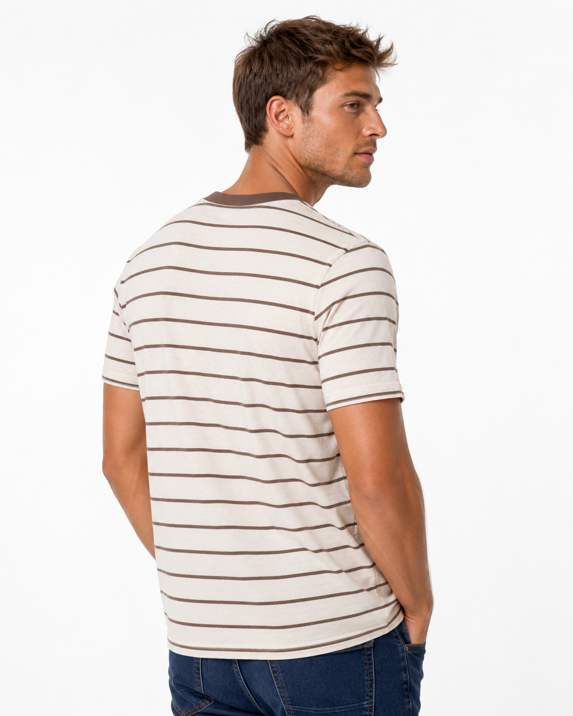T-shirt homme rayé marron à col contrasté