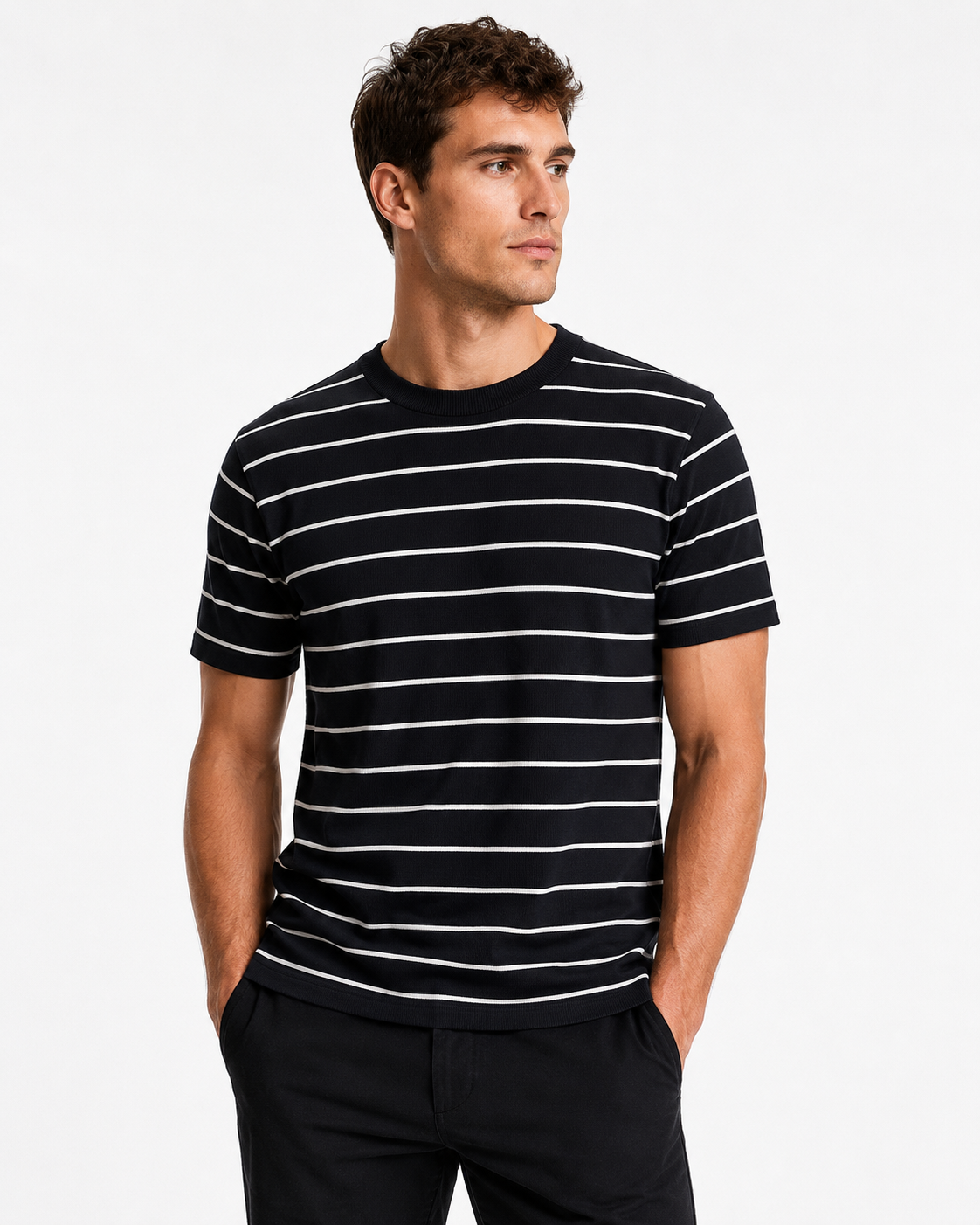T-shirt homme rayé noir à col contrasté