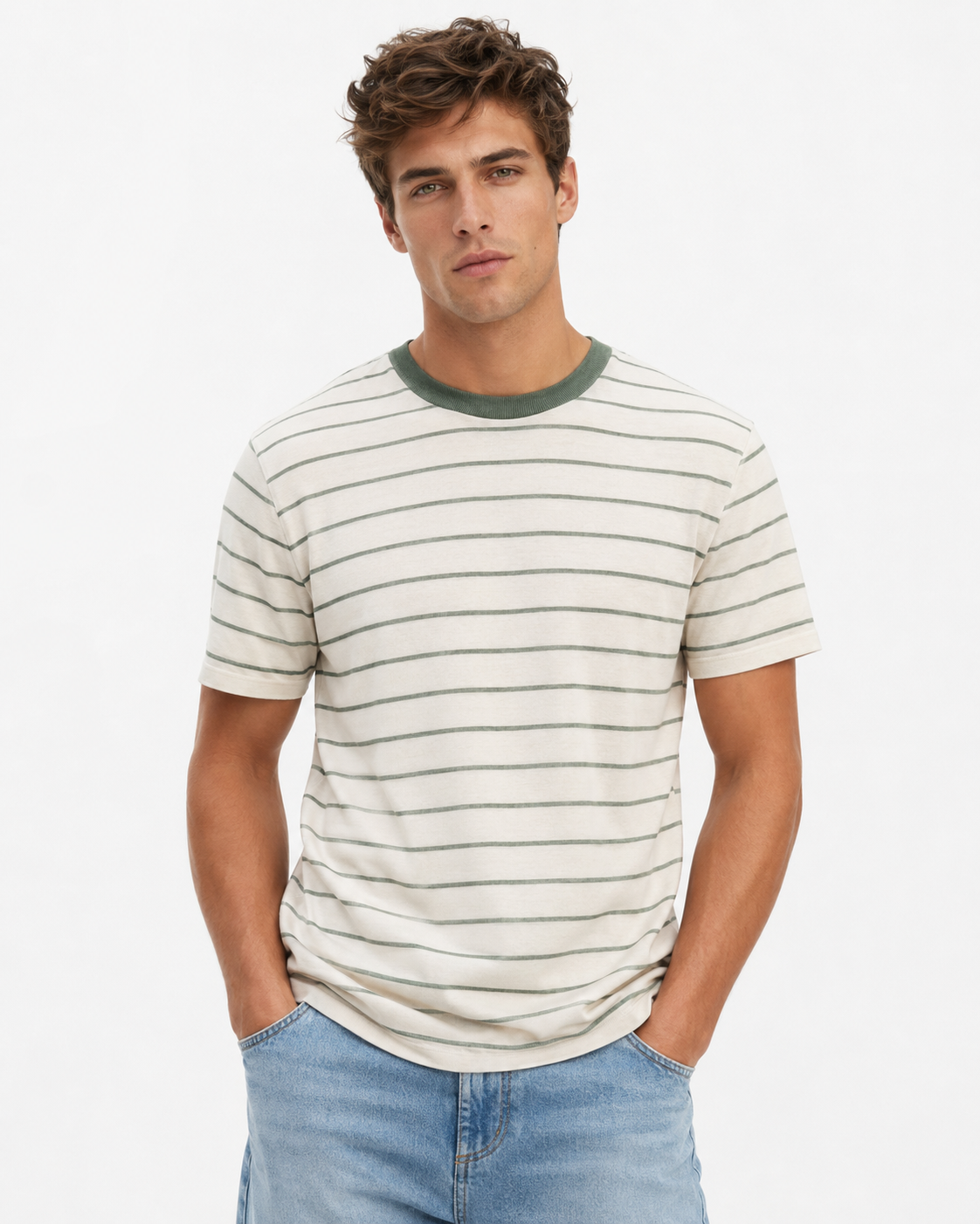 T-shirt homme rayé vert à col contrasté