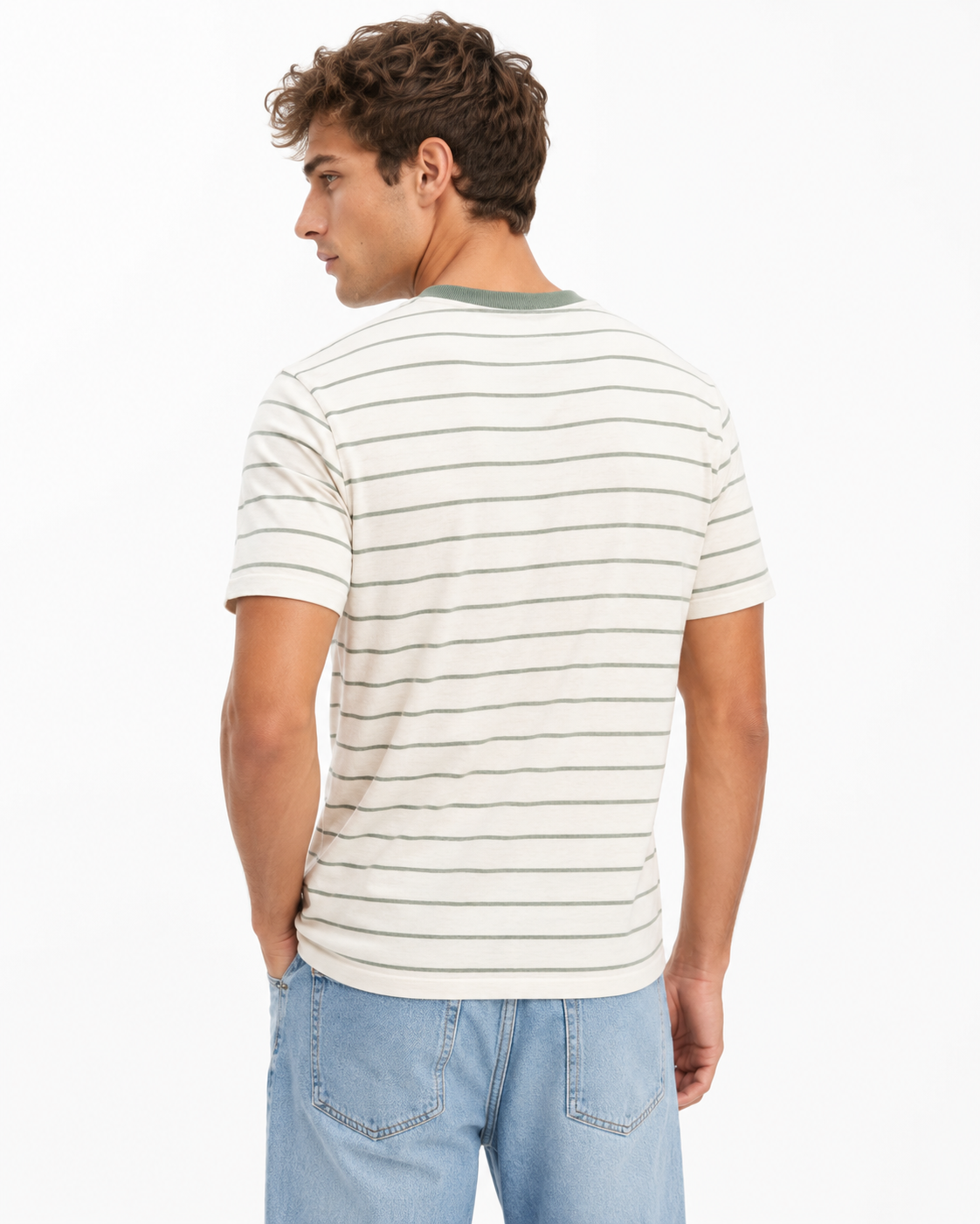 T-shirt homme rayé vert à col contrasté