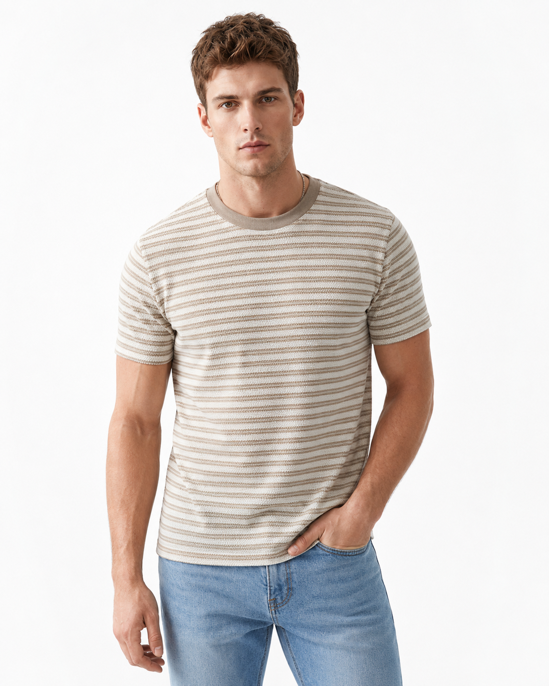 T-shirt homme rayé beige texturé