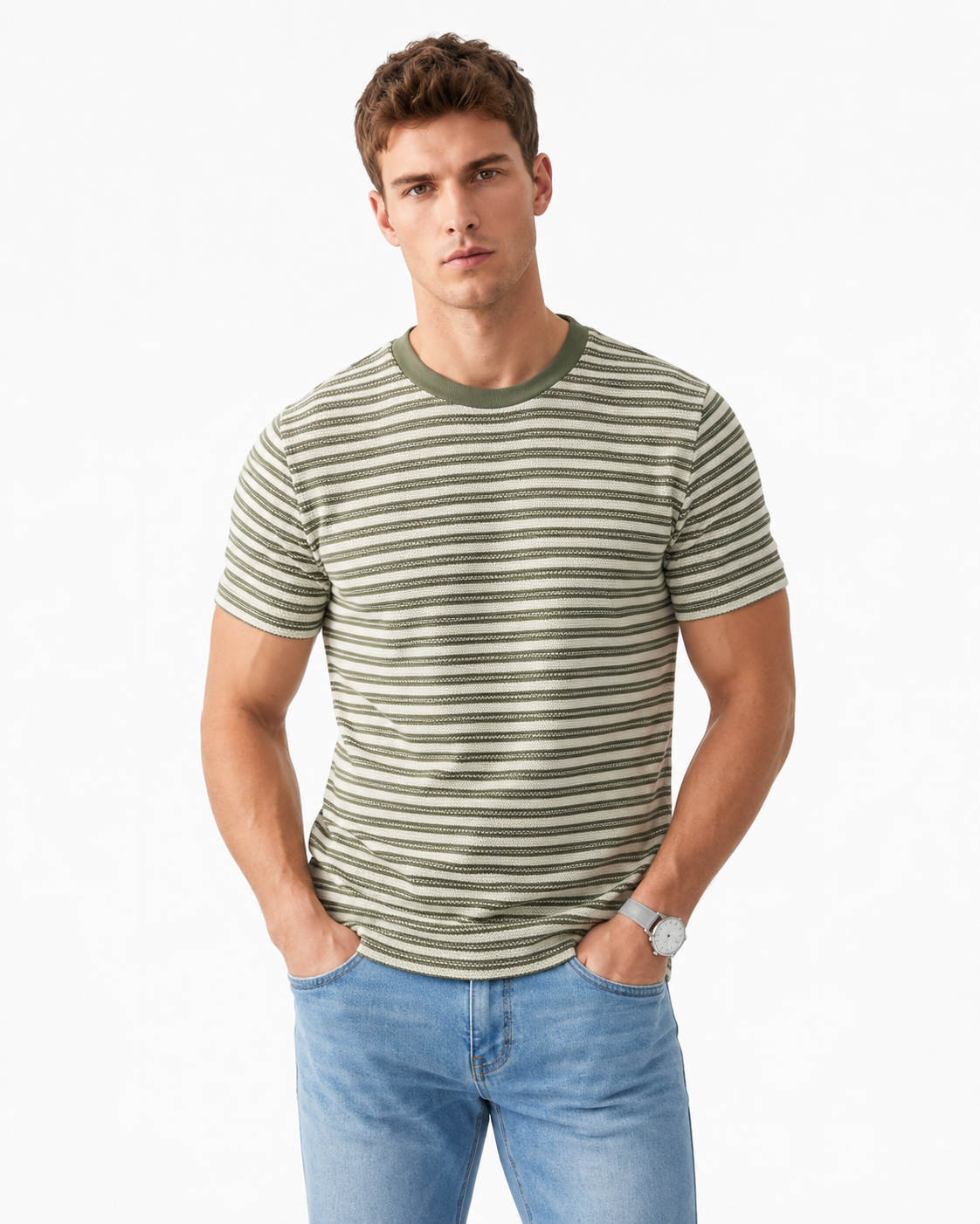 T-shirt homme rayé vert texturé