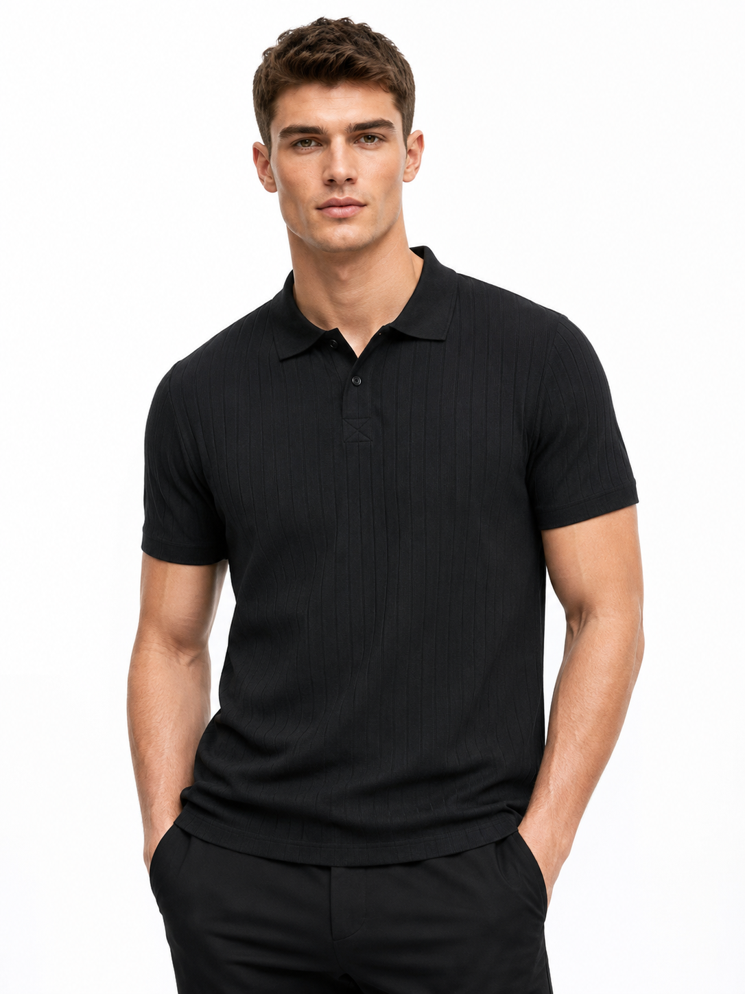 Polo homme noir texturé à col classique