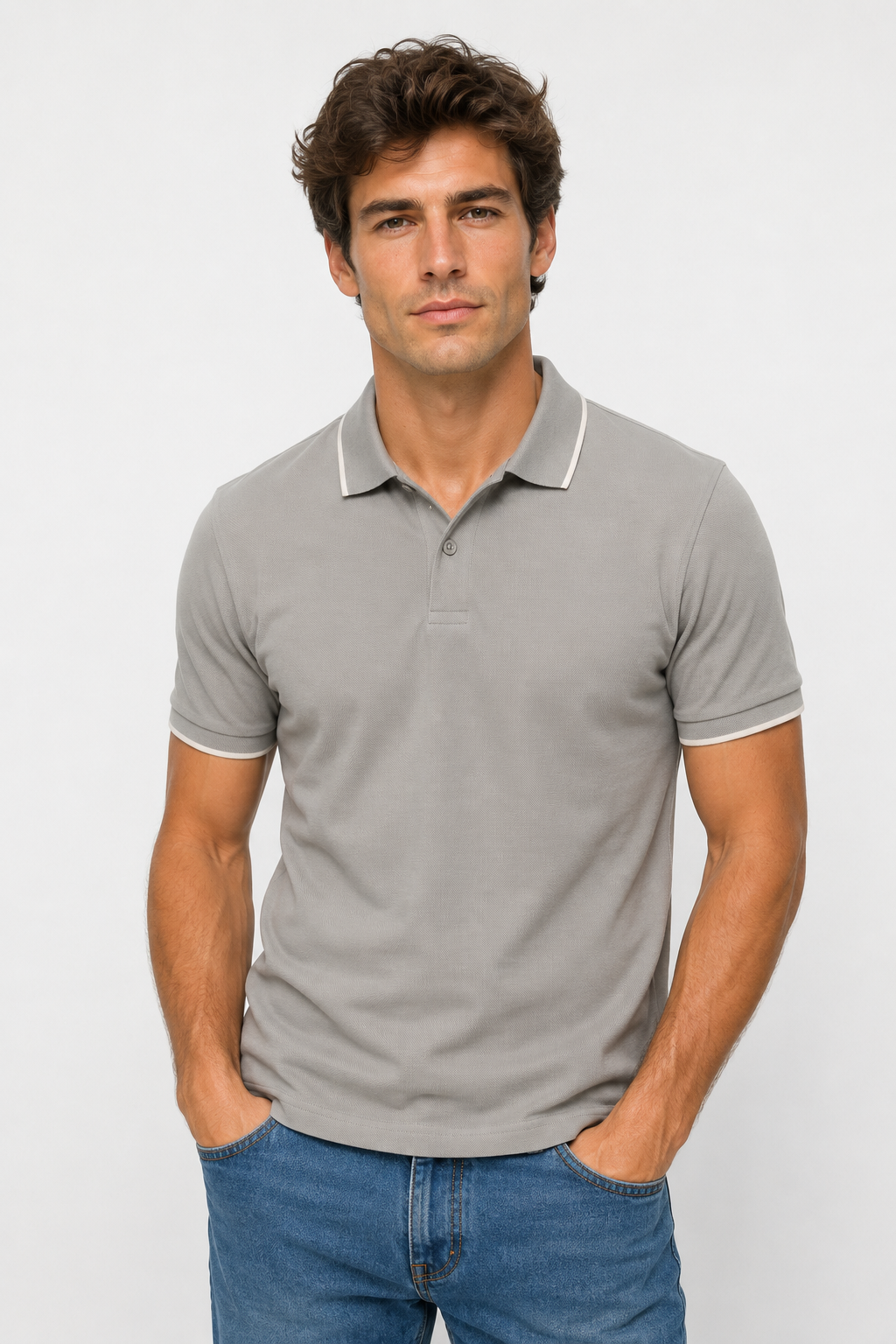Polo homme gris en maille piquée avec finitions contrastées