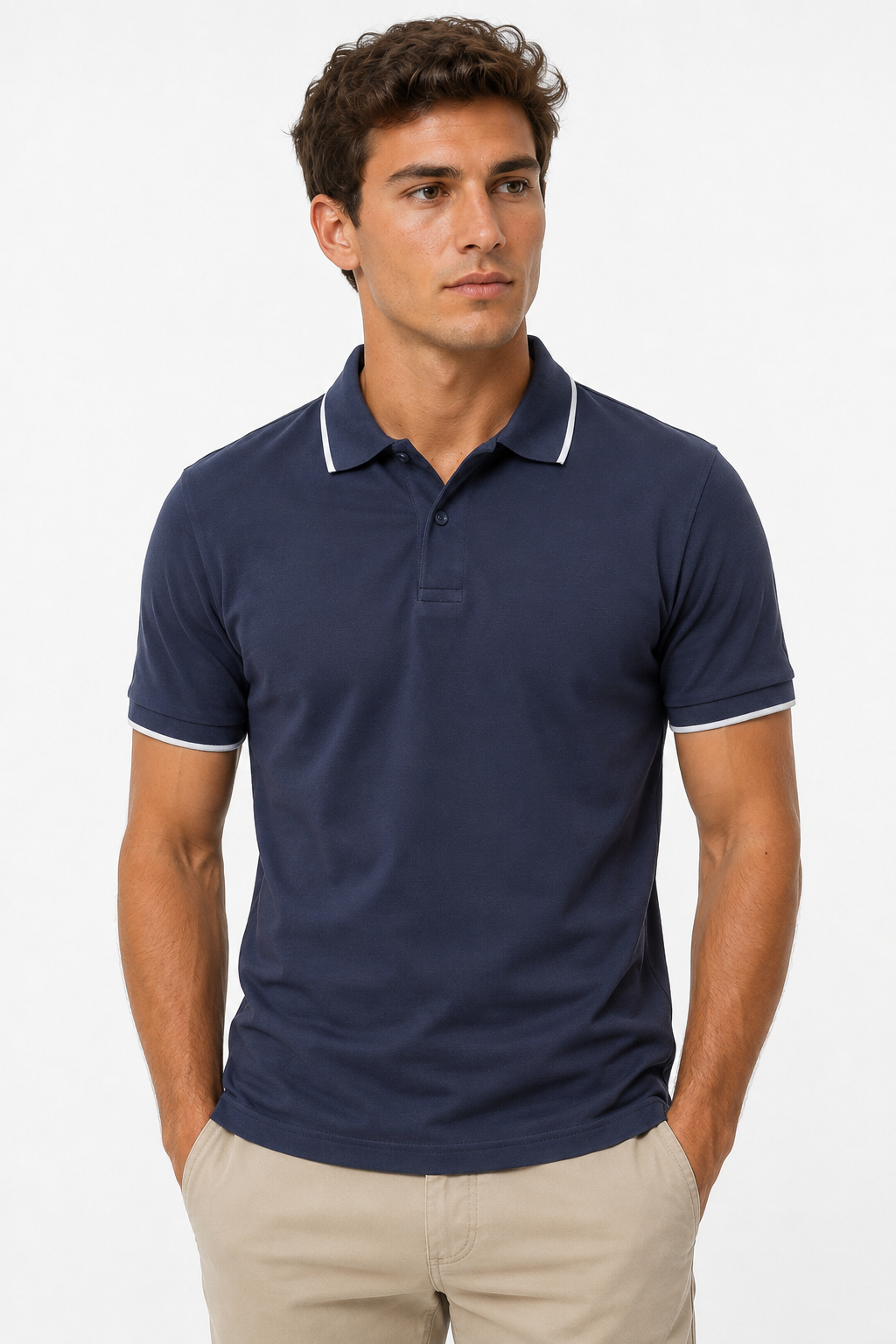 Polo homme marine en maille piquée avec finitions contrastées
