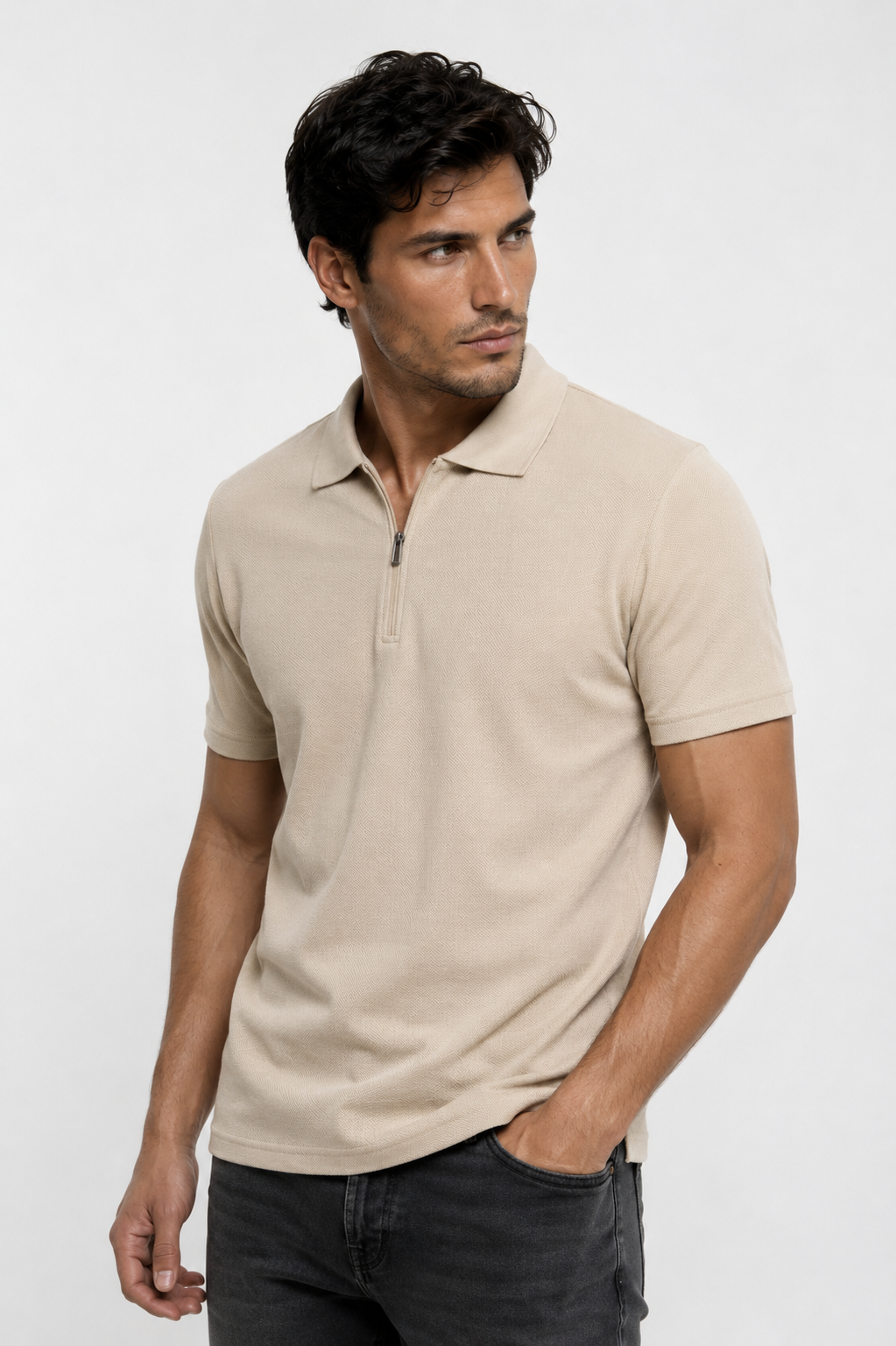 Polo homme beige zippé texturé