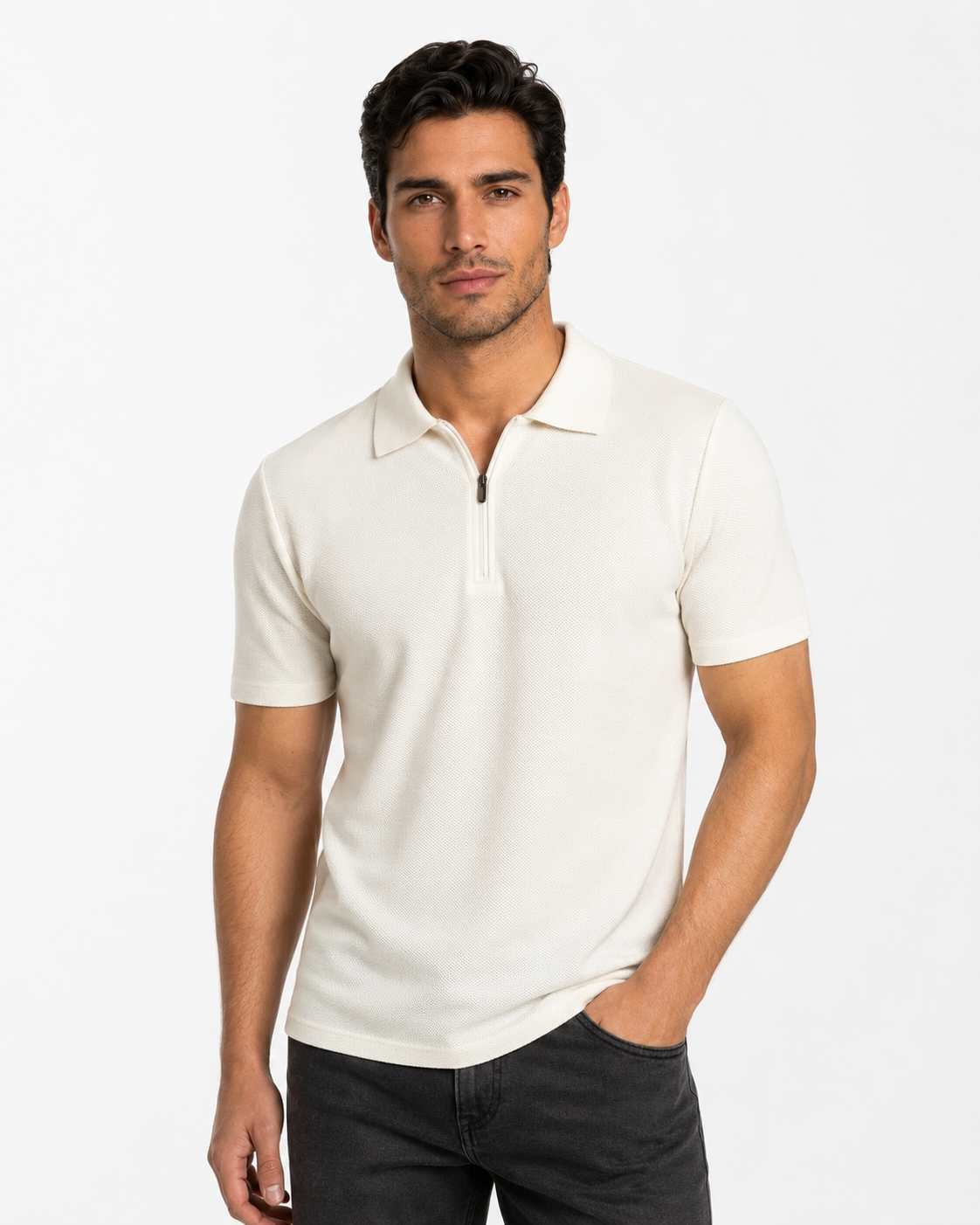 Polo homme blanc zippé texturé