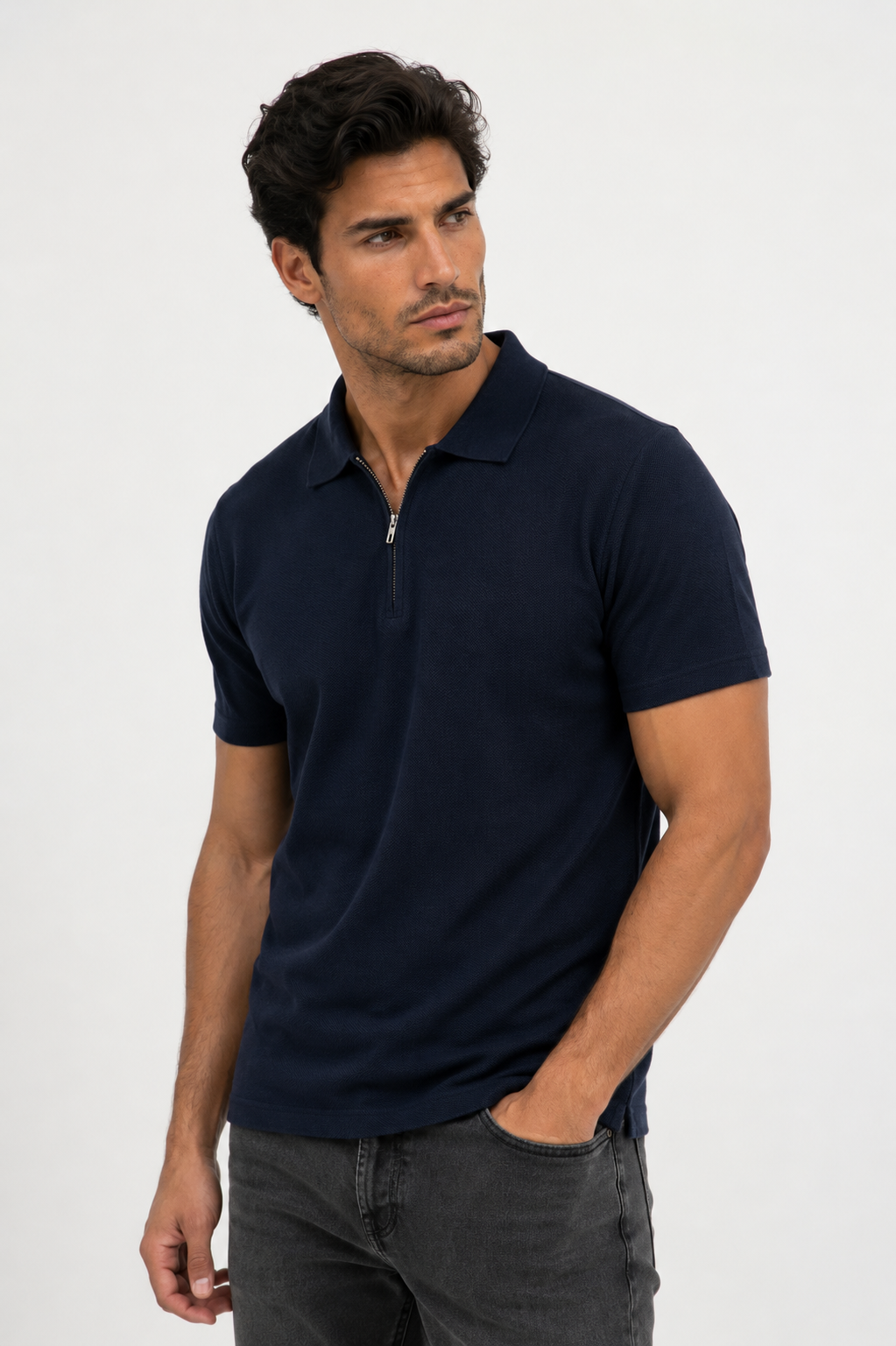 Polo homme marine zippé texturé