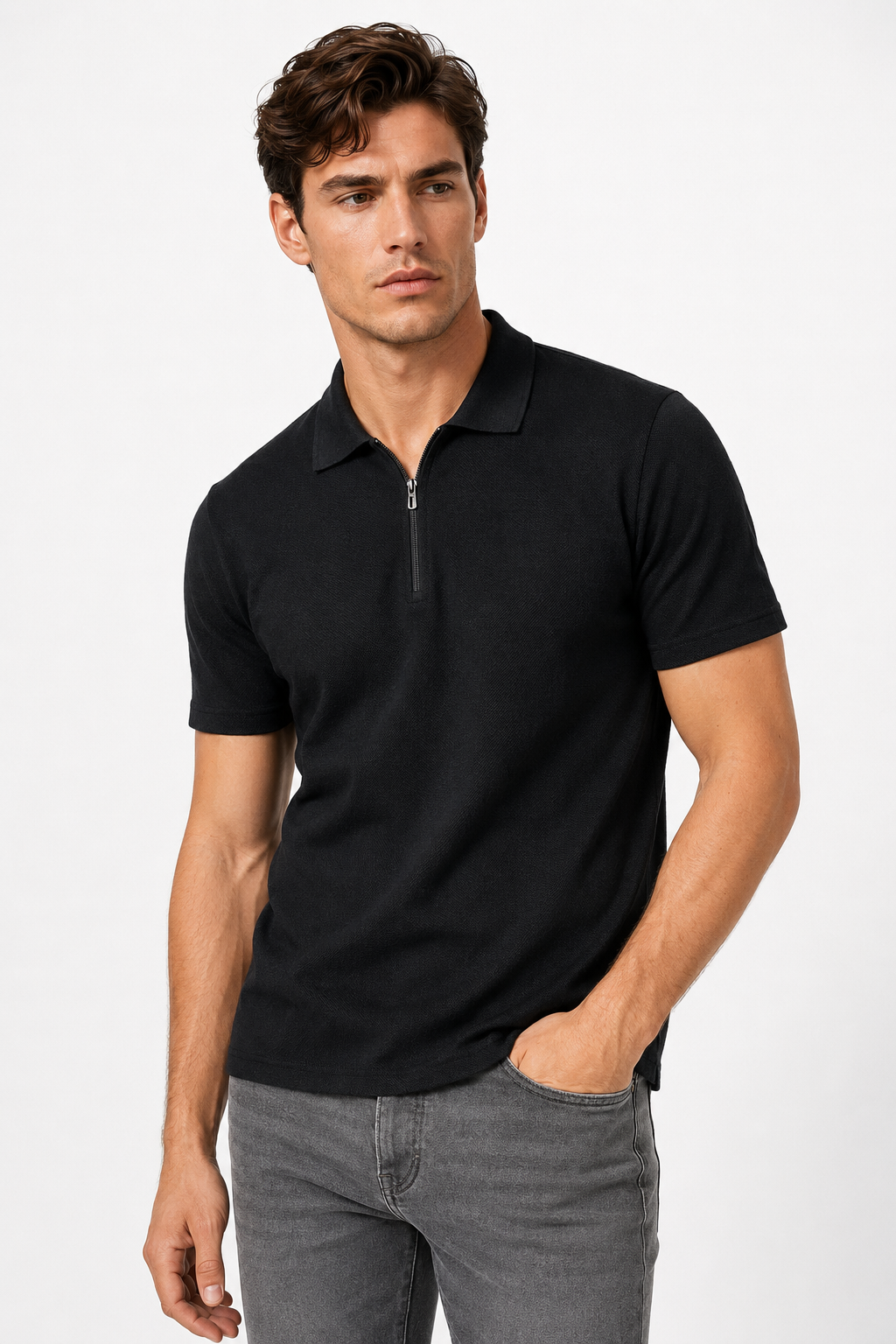 Polo homme noir zippé texturé