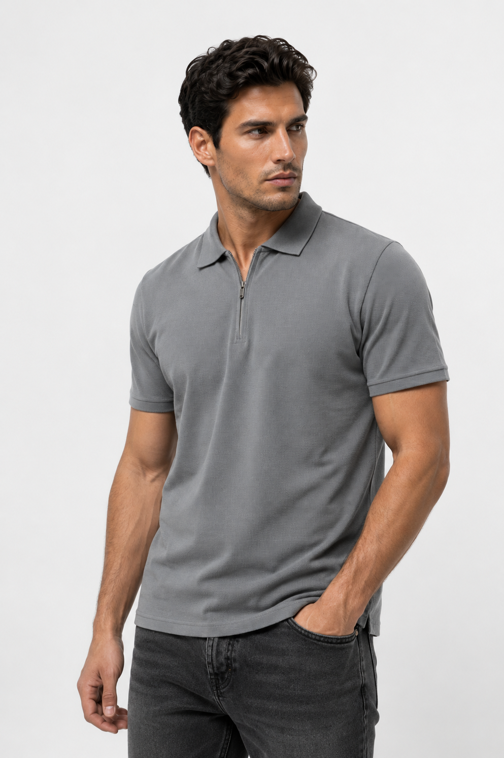 Polo homme petrol zippé texturé