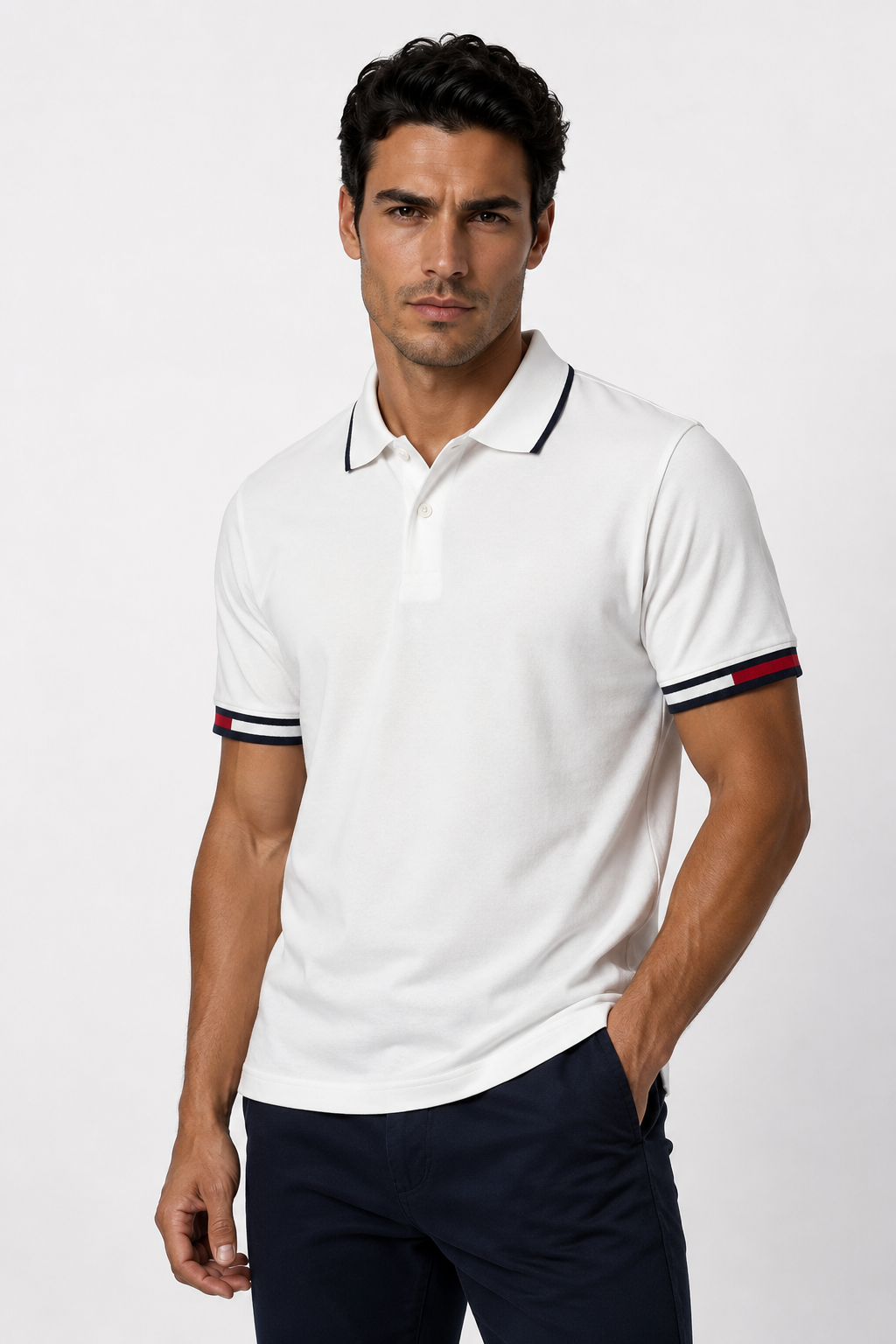 Polo homme blanc en maille piquée avec finitions contrastées