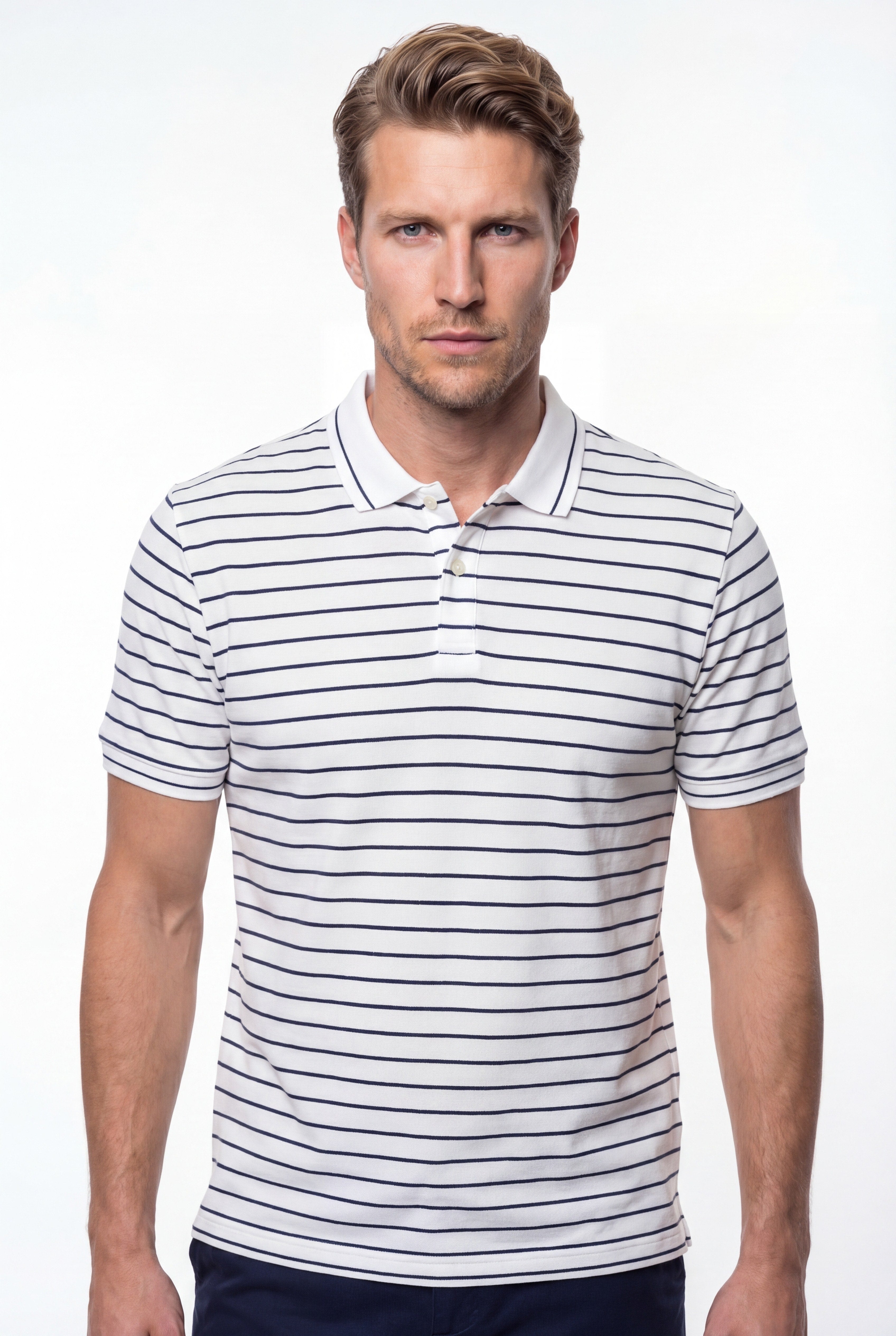 Polo homme marine à rayures fines