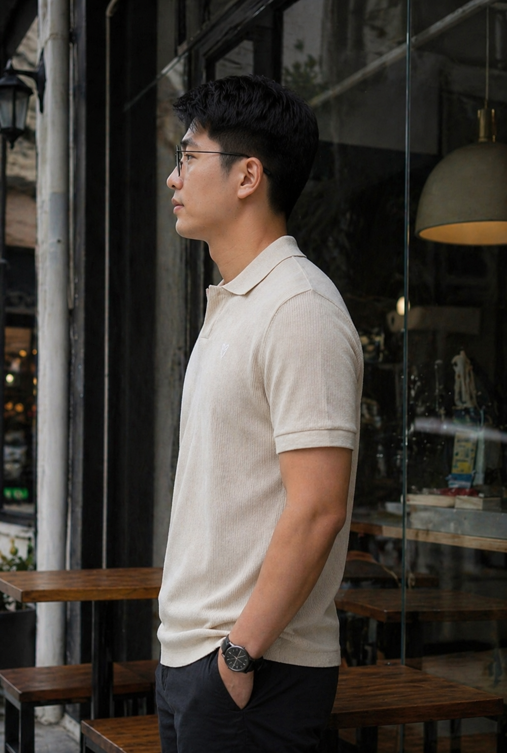 Polo homme beige texturé