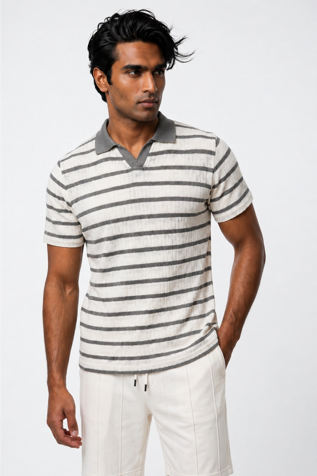Polo homme blanc à rayures grises