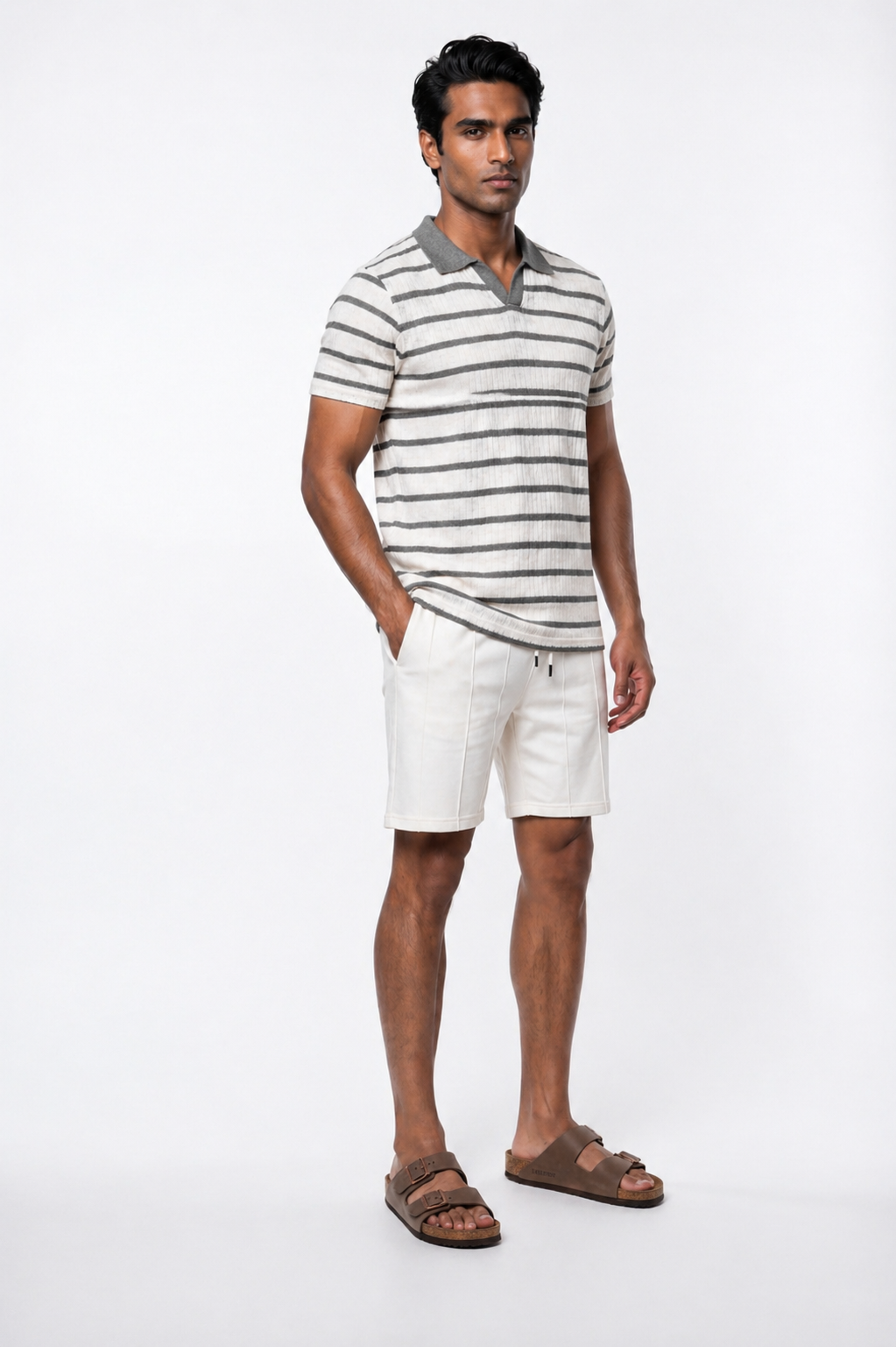 Polo homme blanc à rayures grises