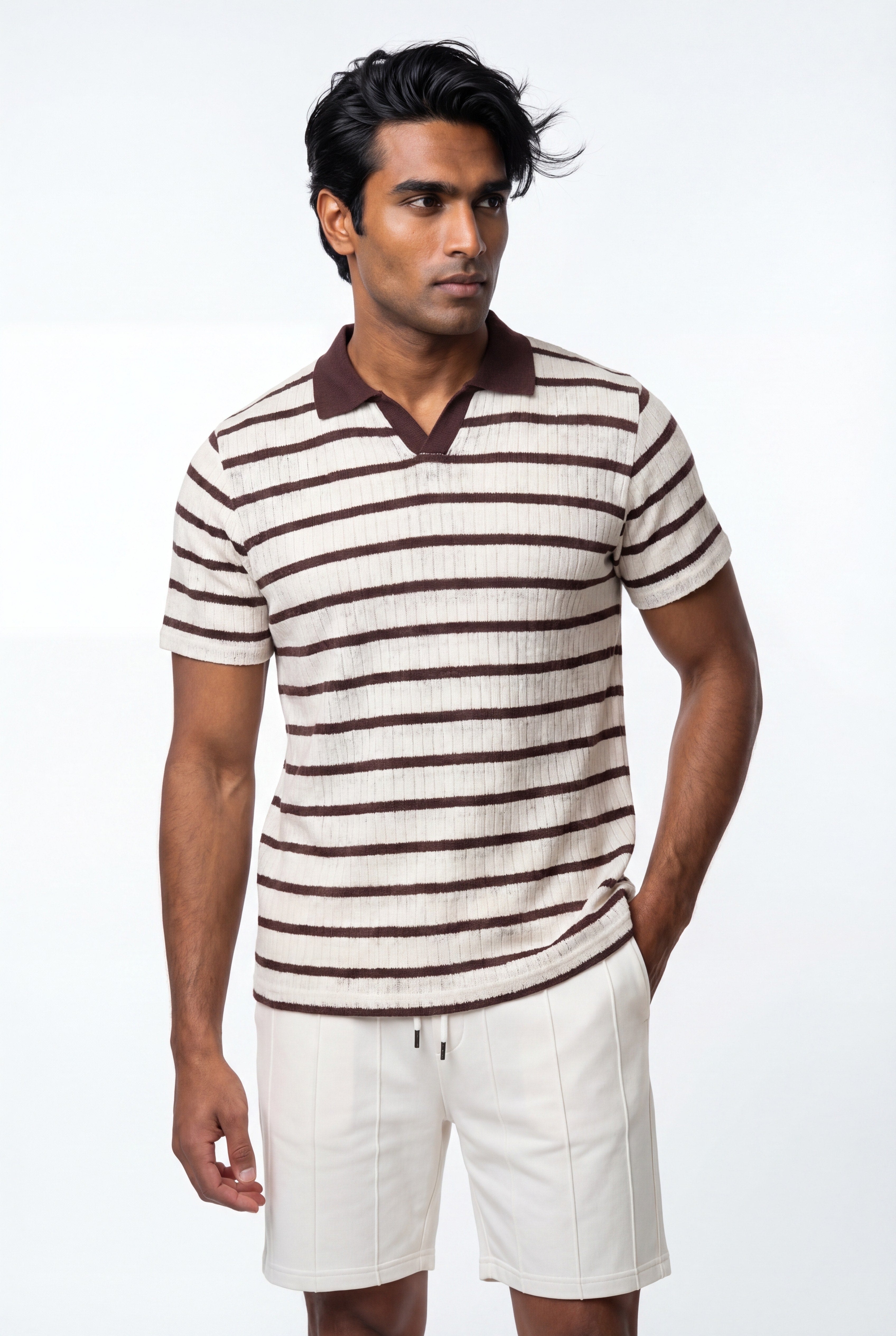 Polo homme blanc à rayures marrons