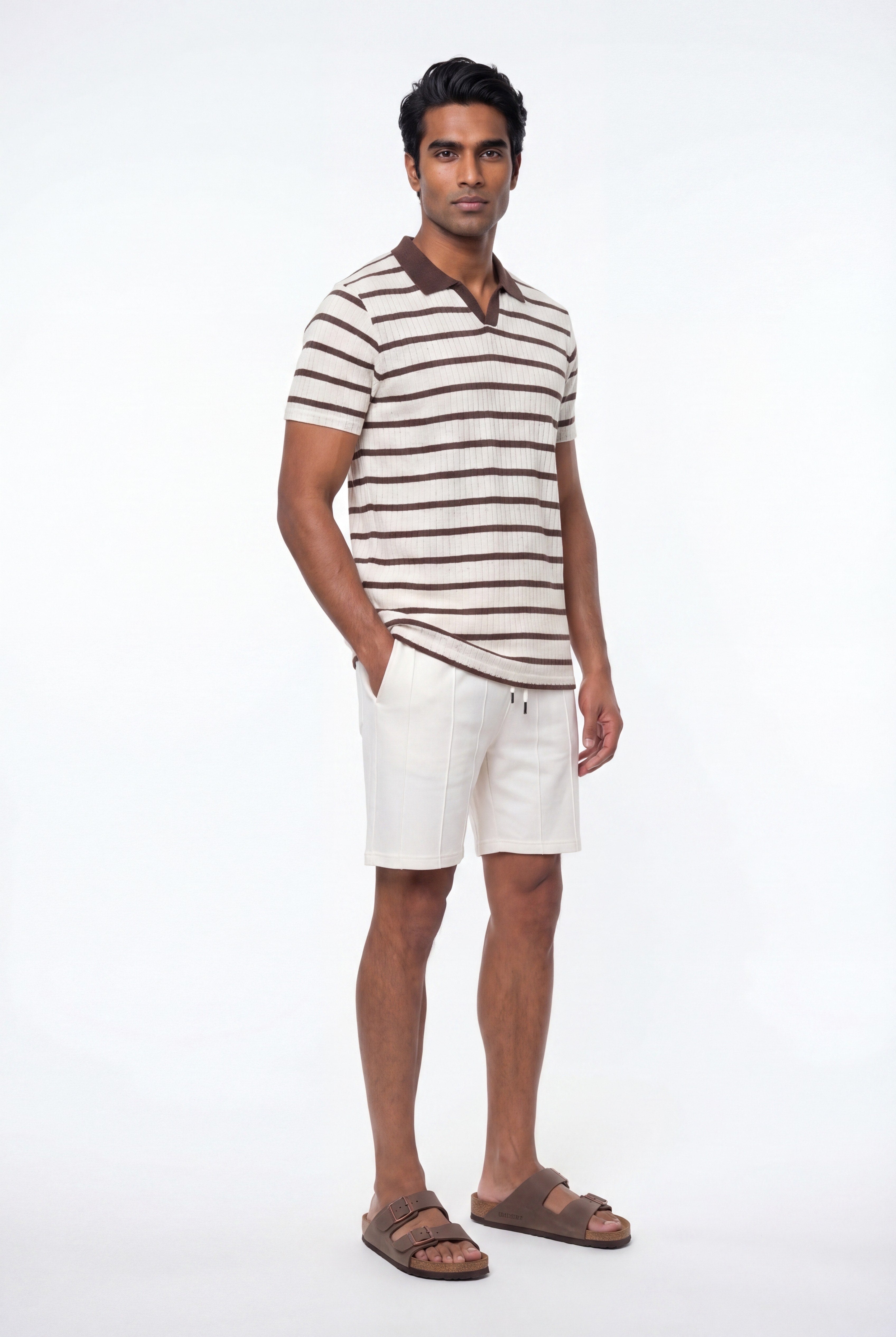 Polo homme blanc à rayures marrons