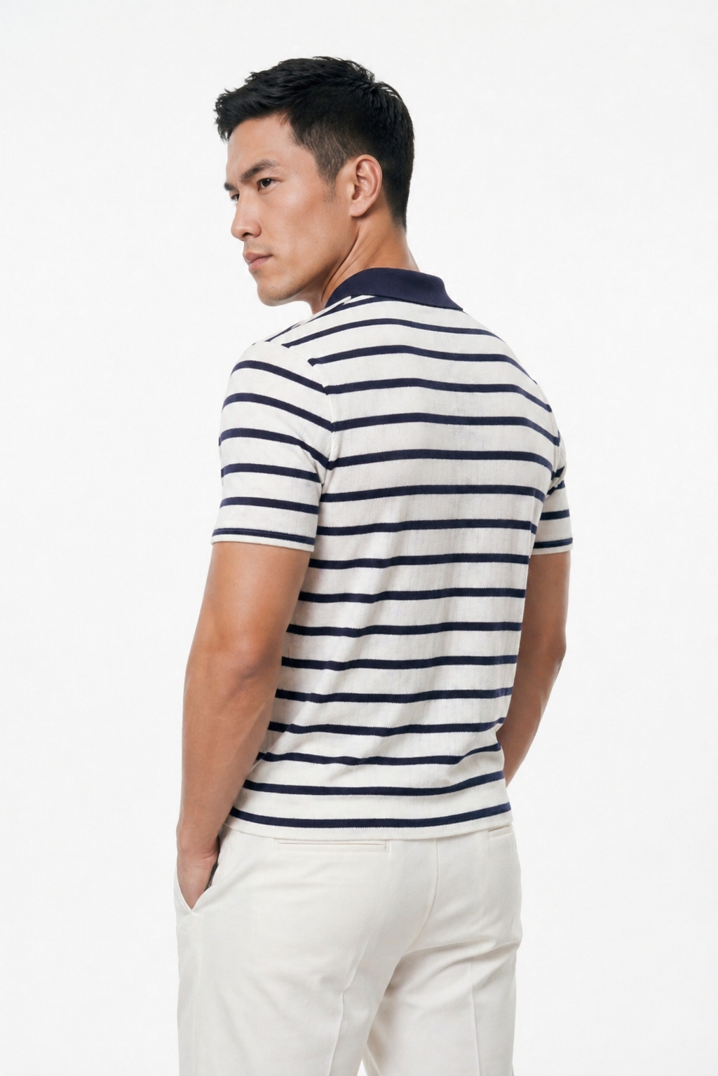 Polo homme blanc à rayures marines