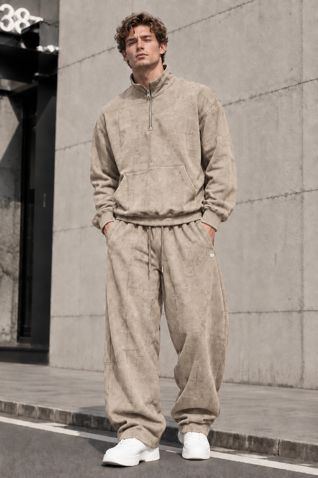 Ensemble homme beige Sweat col zippé et pantalon