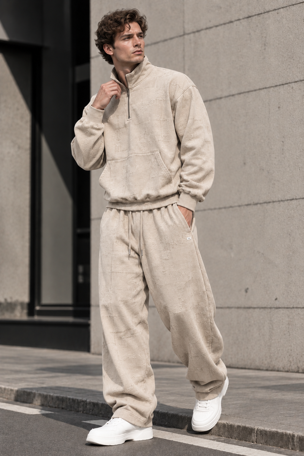 Ensemble homme beige Sweat col zippé et pantalon