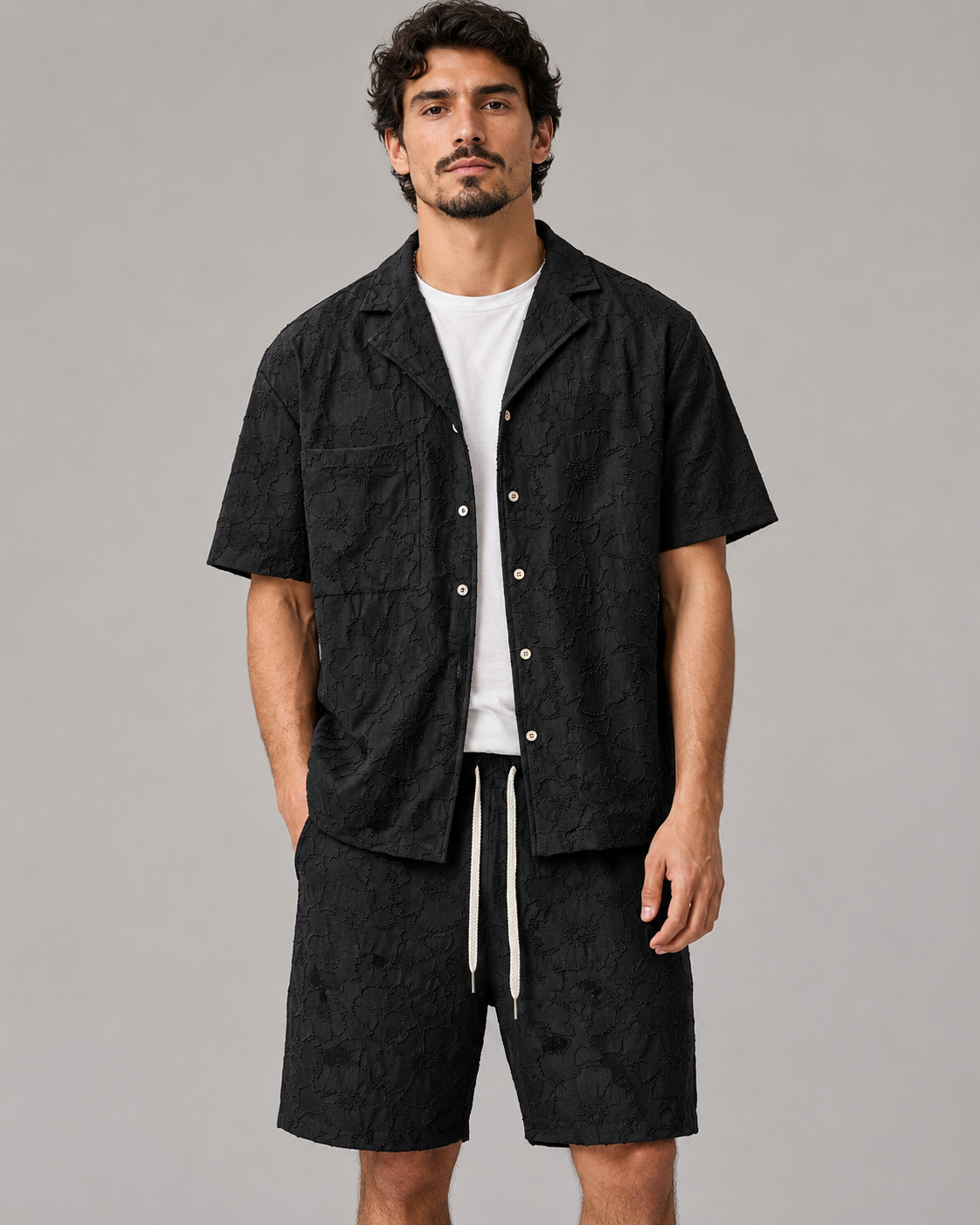 Ensemble chemise short noir brodé homme