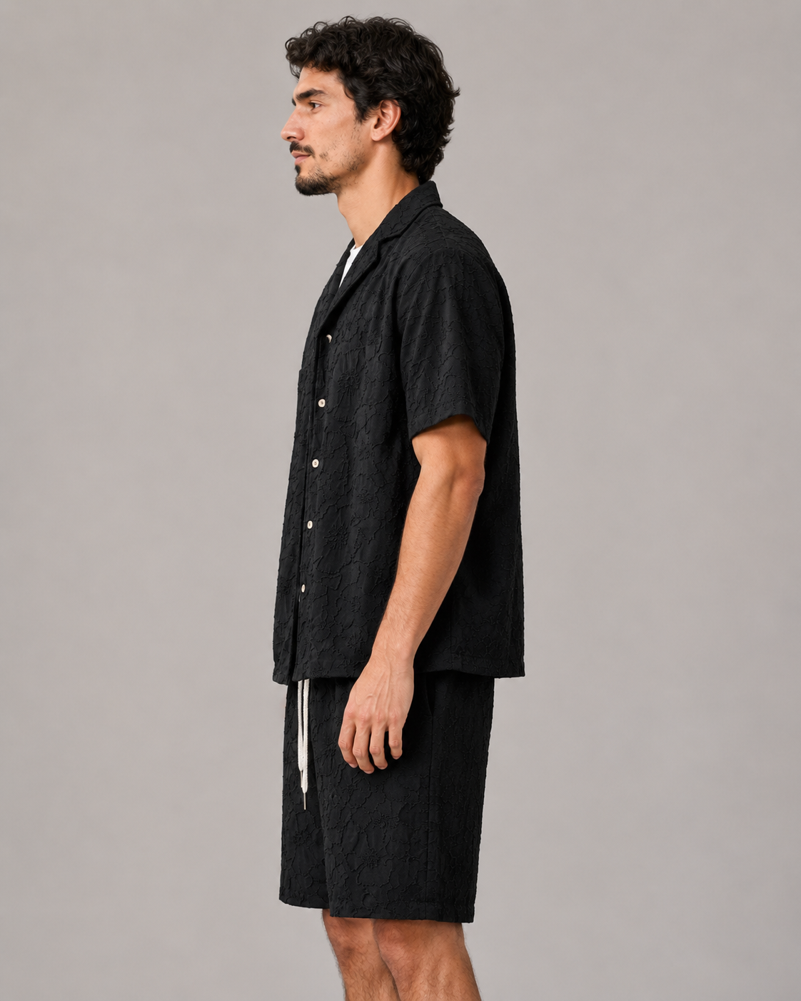 Ensemble chemise short noir brodé homme