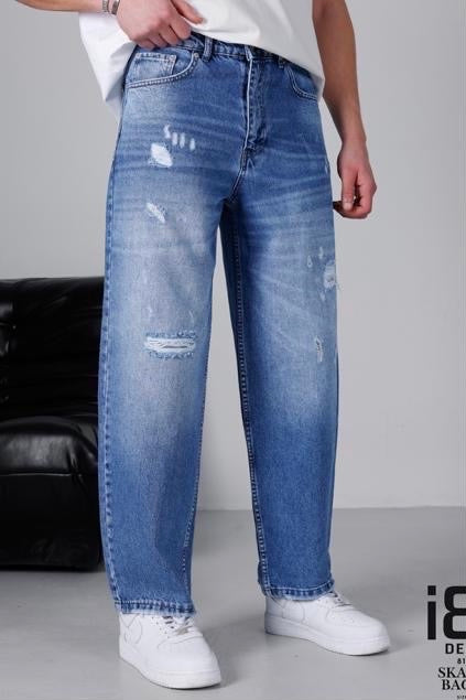 Jean homme bleu skater baggy délavé destroy