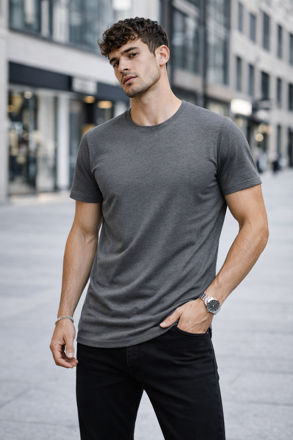 T-shirt col rond gris foncé coton homme
