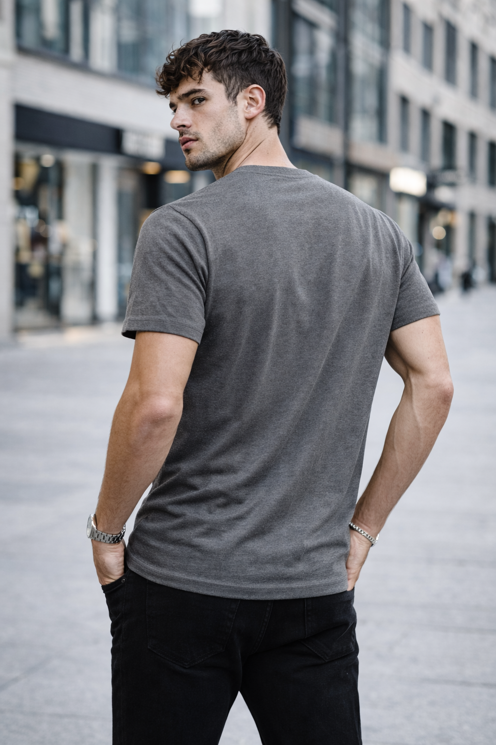 T-shirt col rond gris foncé coton homme