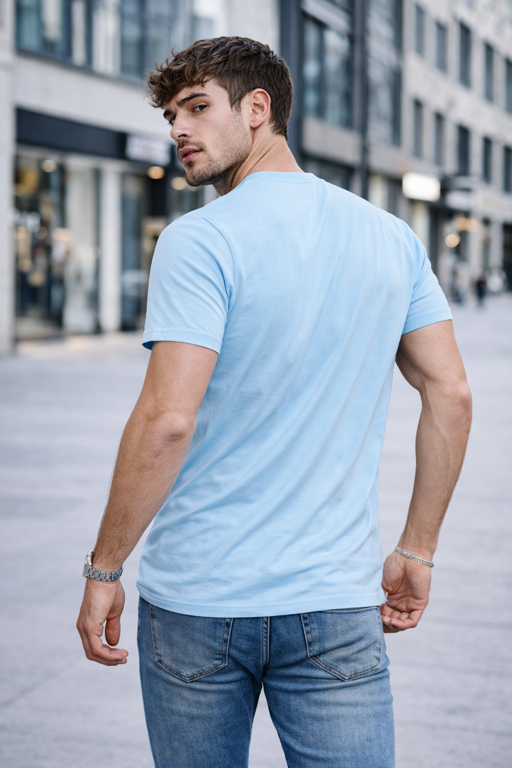 T-shirt col rond bleu claire coton homme