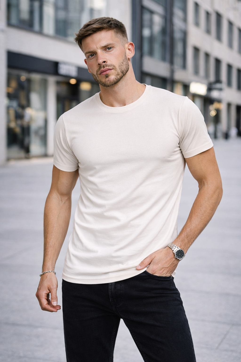 T-shirt col rond écru coton homme