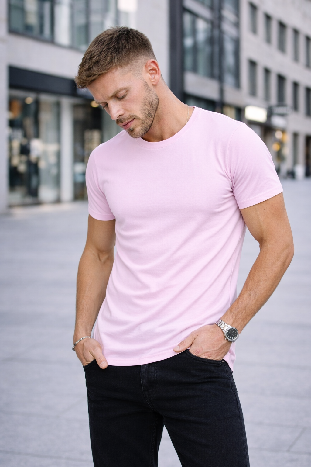 T-shirt col rond rose coton homme