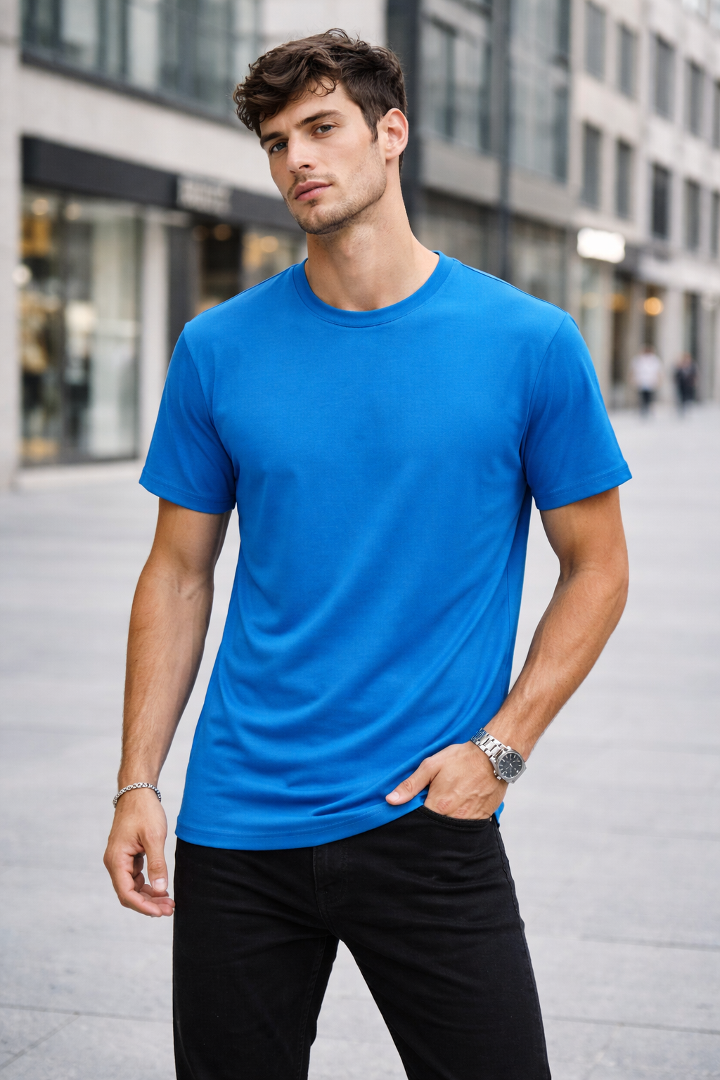 T-shirt col rond bleu coton homme