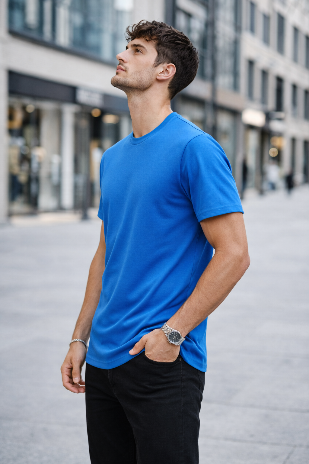 T-shirt col rond bleu coton homme